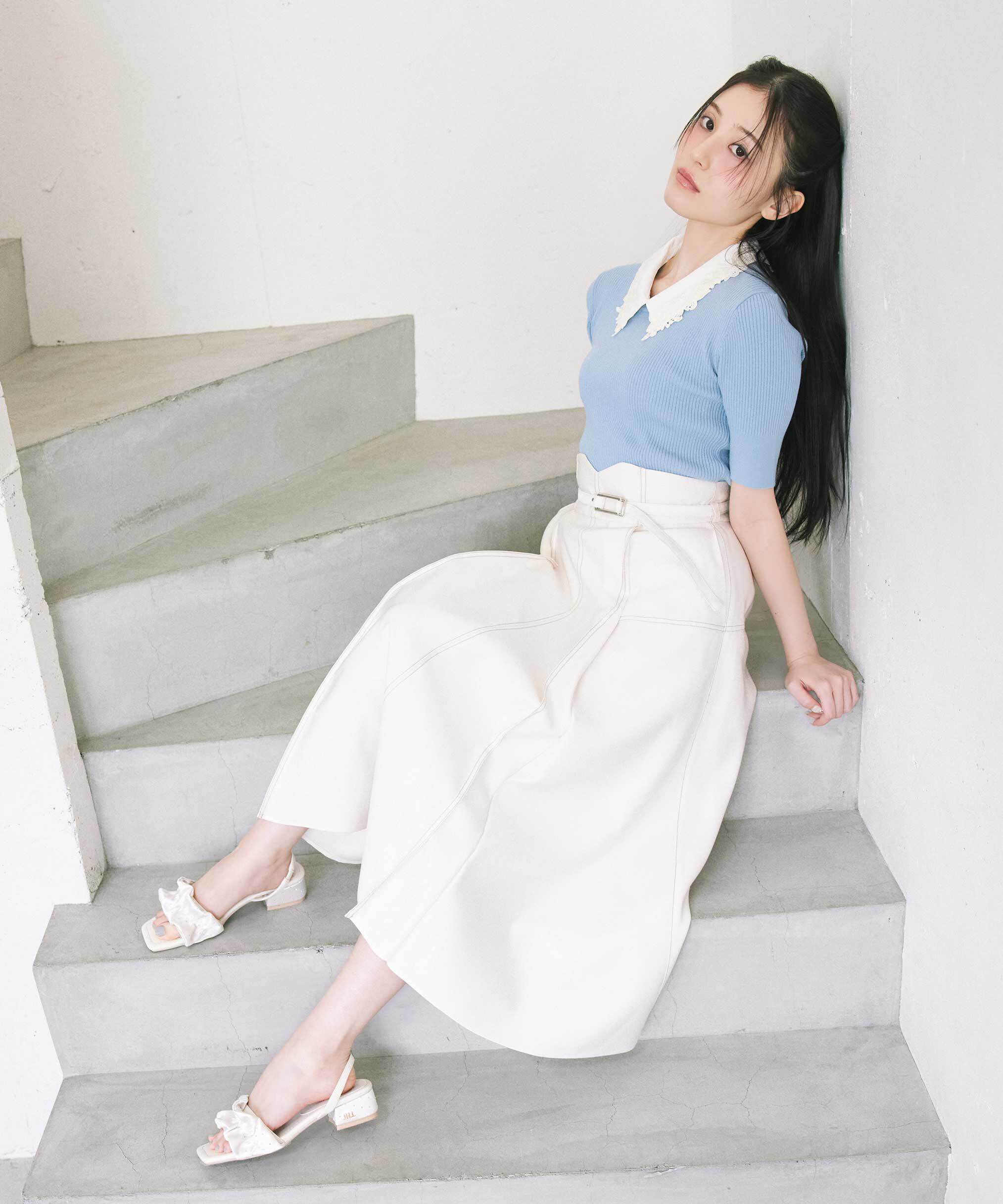  「デニムライクステッチシリーズ2　フレアスカート」|スカート|ホワイト