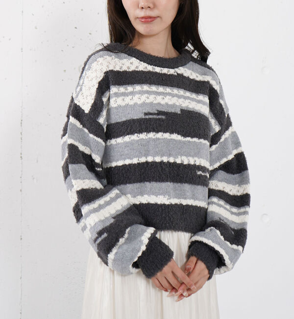 archives「ミックスヤーンランダムボーダーニットプルオーバー」|ニット・セーター|CHARCOAL GRAY