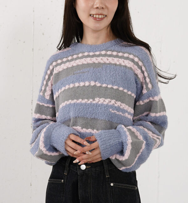 archives「ミックスヤーンランダムボーダーニットプルオーバー」|ニット・セーター|BLUE