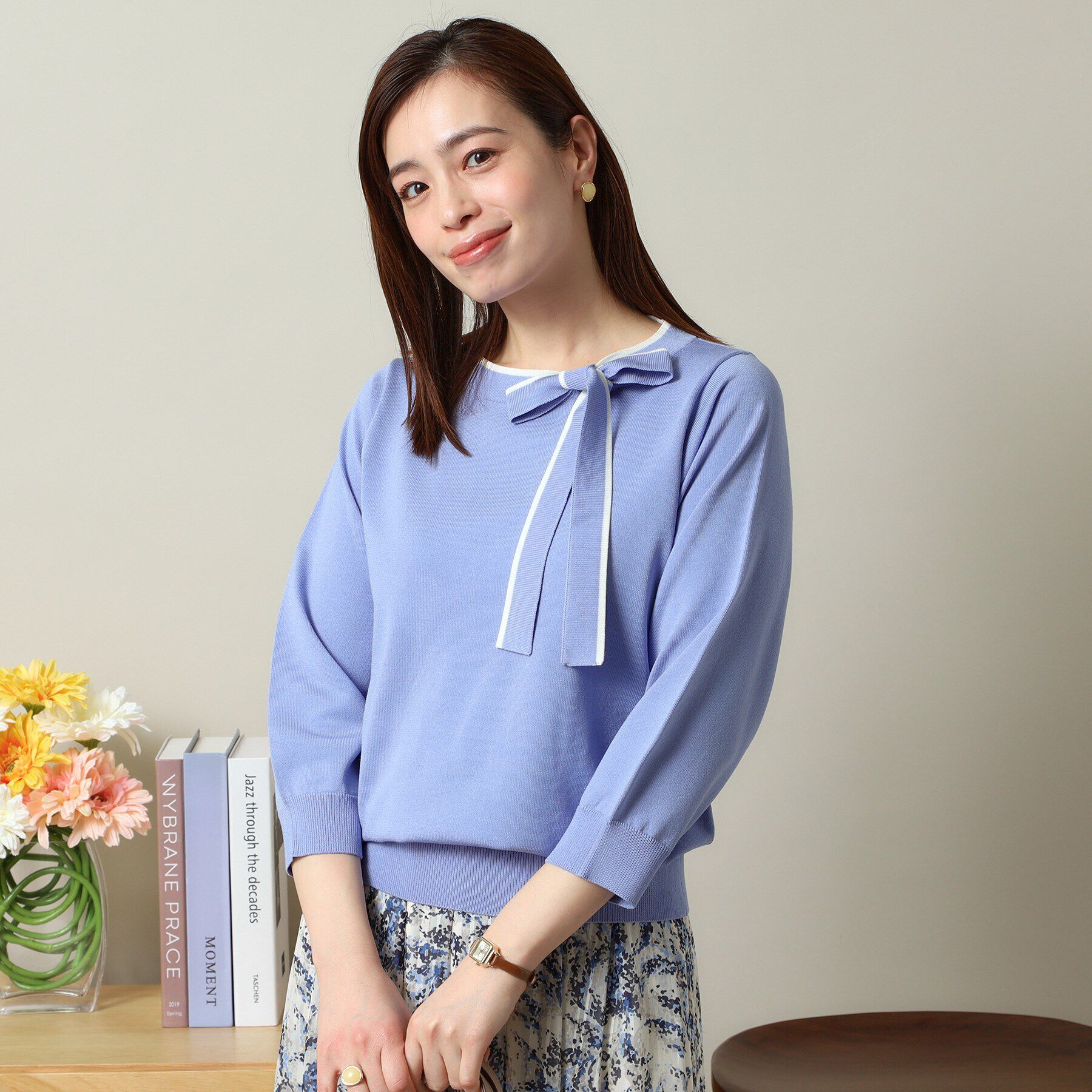 ITS&rsquo;DEMO「【縮みに強い／洗濯機OK】ボウタイリボンニット」|ニット・セーター|ブルー(091)