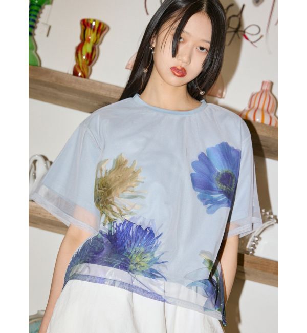 MURUA「【MURUA&times;STAYFLOWER】チュールドッキングフラワーTシャツ」|Tシャツ・カットソー|ブルー