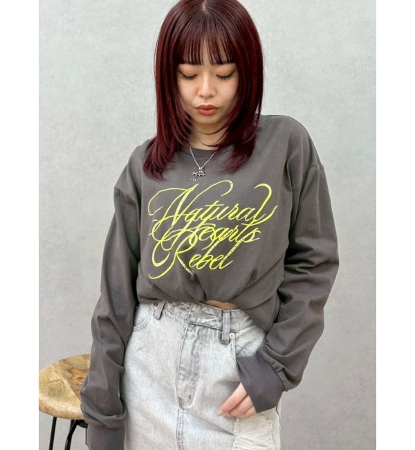 EVRIS「オーバーサイズラインストーングラフィックロンT」|Tシャツ・カットソー|チャコールグレー