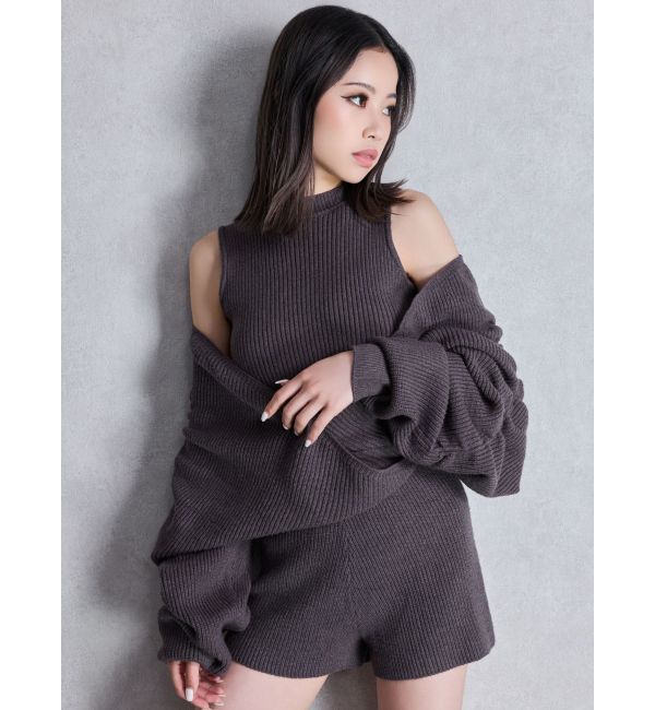 GYDA「アームギャザーレイヤードニットロンパース」|オールインワン|チャコールグレー