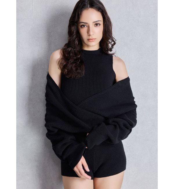 GYDA「アームギャザーレイヤードニットロンパース」|オールインワン|ブラック