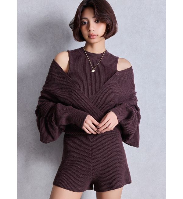 GYDA「アームギャザーレイヤードニットロンパース」|オールインワン|ブラウン