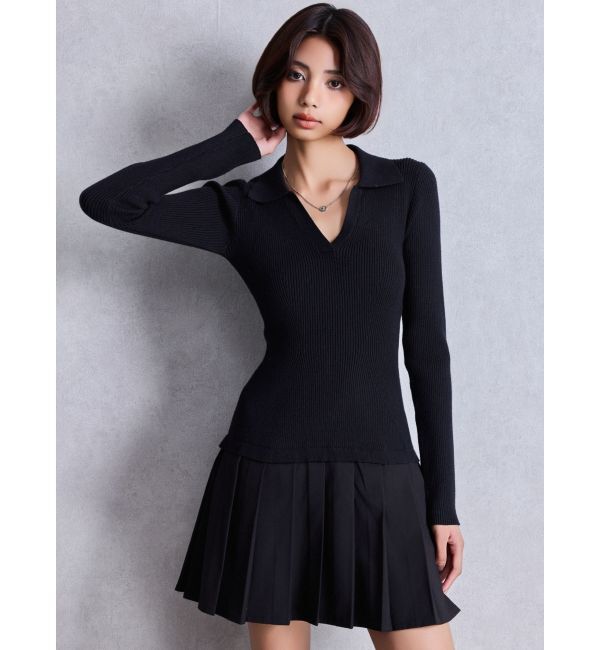 GYDA「Mix material プリーツスカートニットワンピース」|ワンピース|