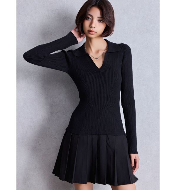 GYDA「Mix material プリーツスカートニットワンピース」|ワンピース|ブラック