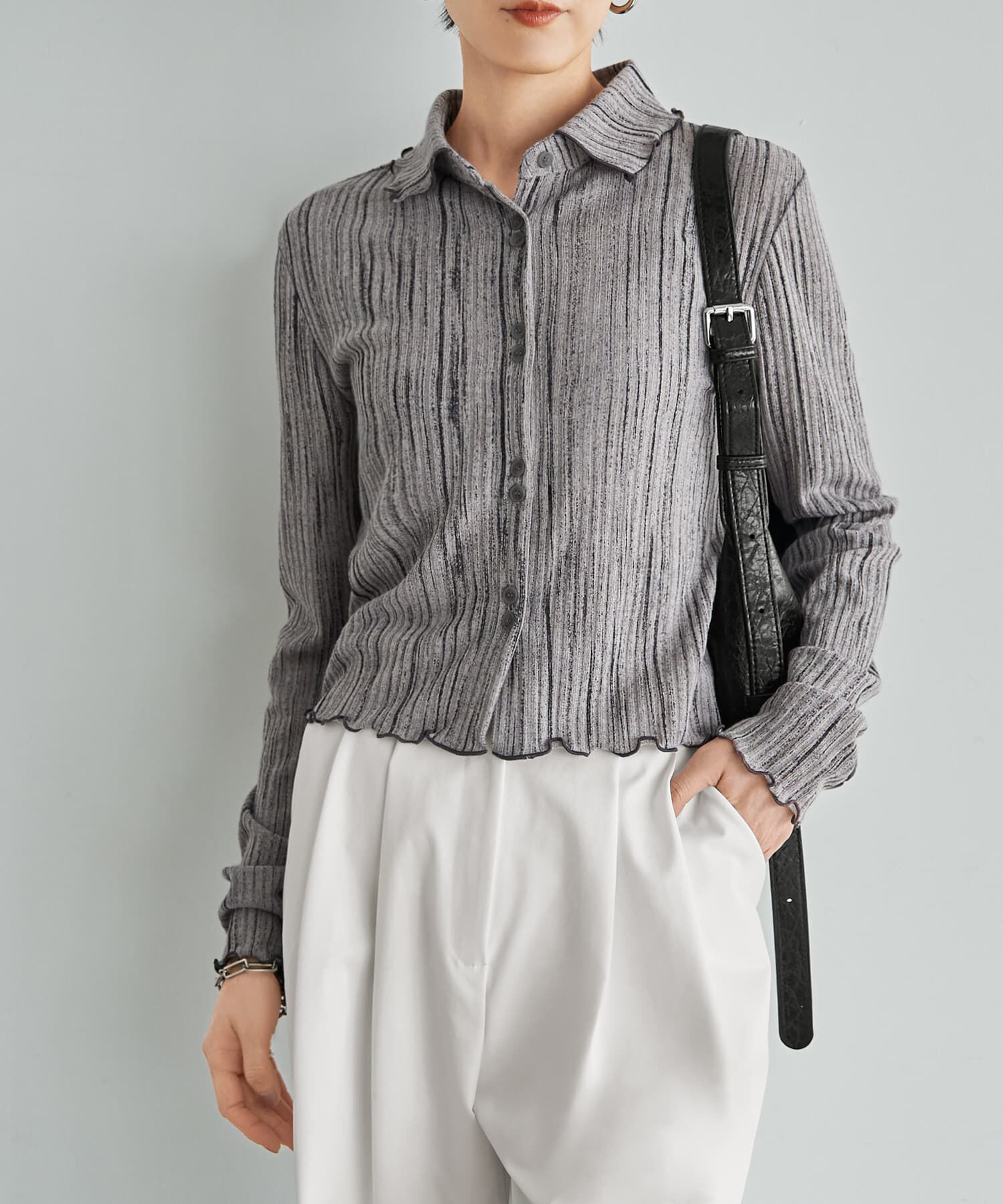 STYLE DELI「かすれ柄編みWボタン襟付きトップス」|ニット・セーター|グレー