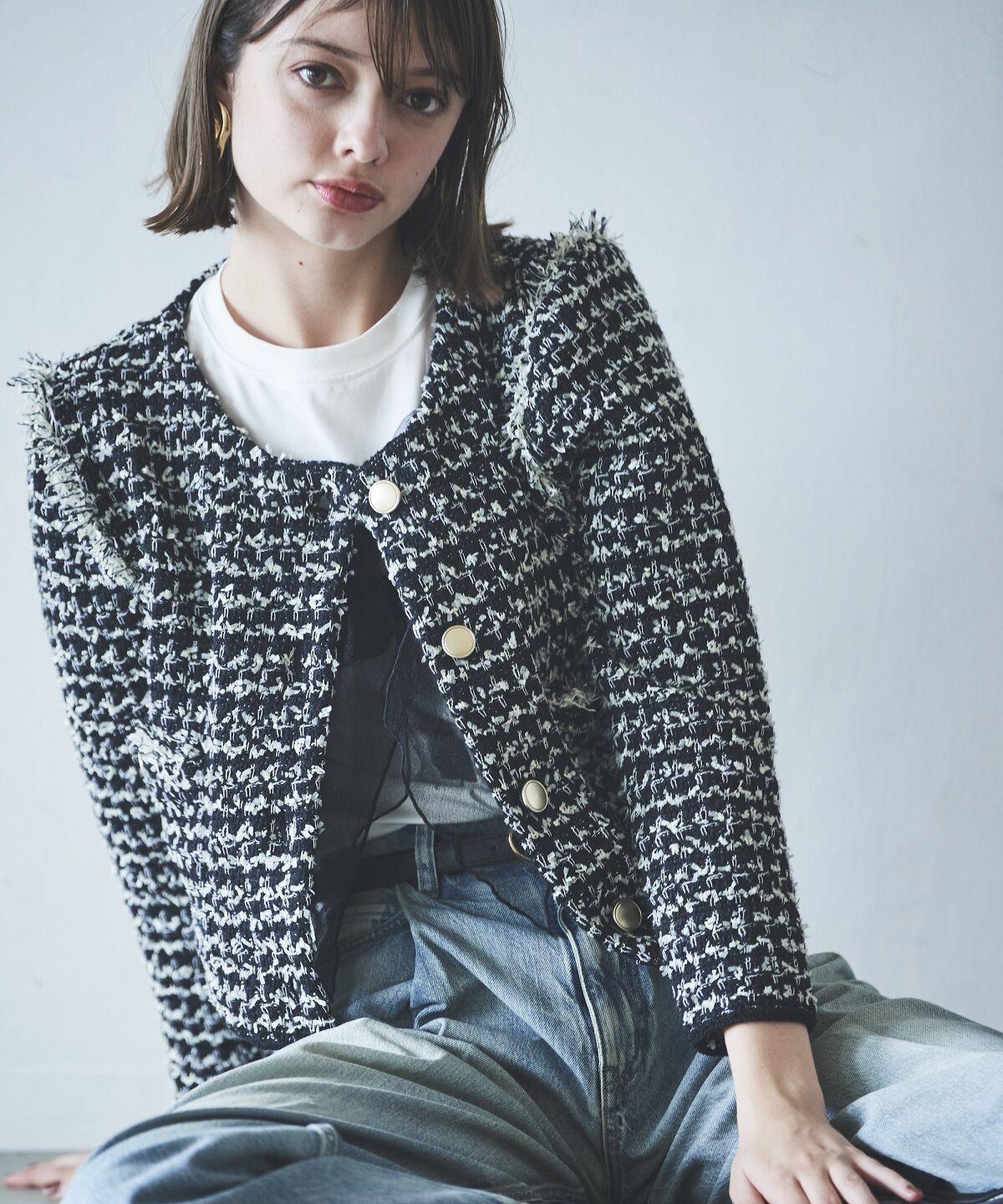 アンドクチュール「フリンジニットツイードカーディガン」|その他|ブラック