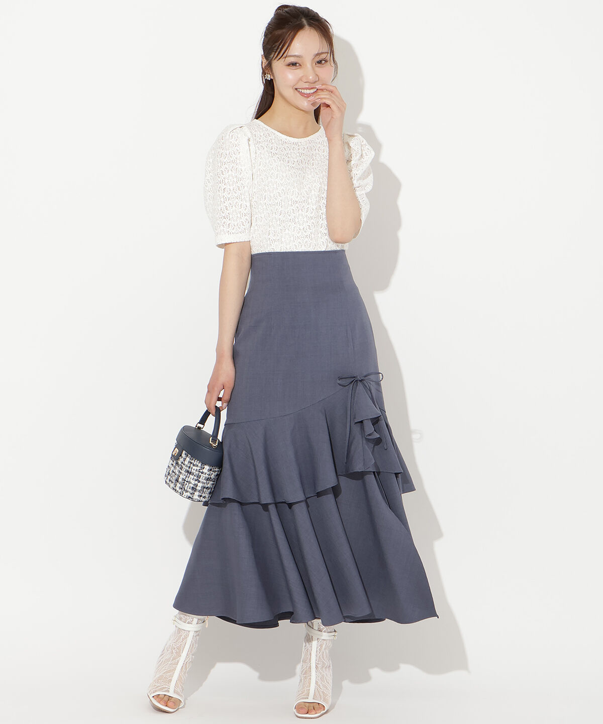 WILLSELECTION「スリットデザインラッフルリボンスカート」|フレア|ダークブルー