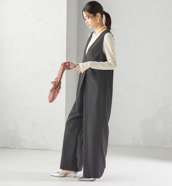 SHIPS for women「little black: 〈洗濯機可能〉ストレッチ ツイル フロント釦  Vネック オールインワン（セレモニー対応可）」|オールインワン|