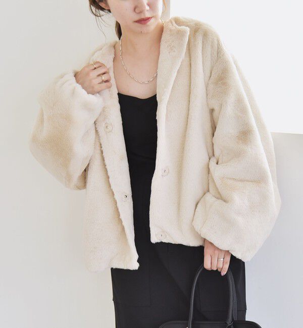 quaranciel「quaranciel: フェイクファー ノーカラー ショート ジャケット」|その他|ベージュ