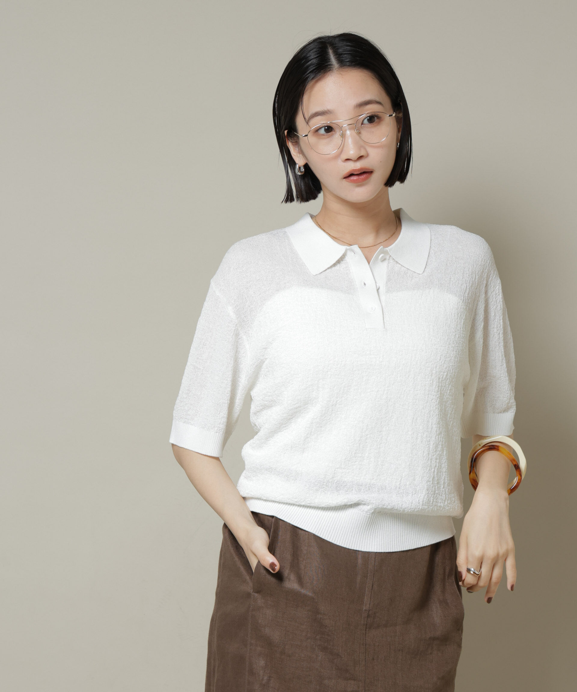 nano･universe「梨地半袖ポロニット」|ニット・セーター|アイボリー7