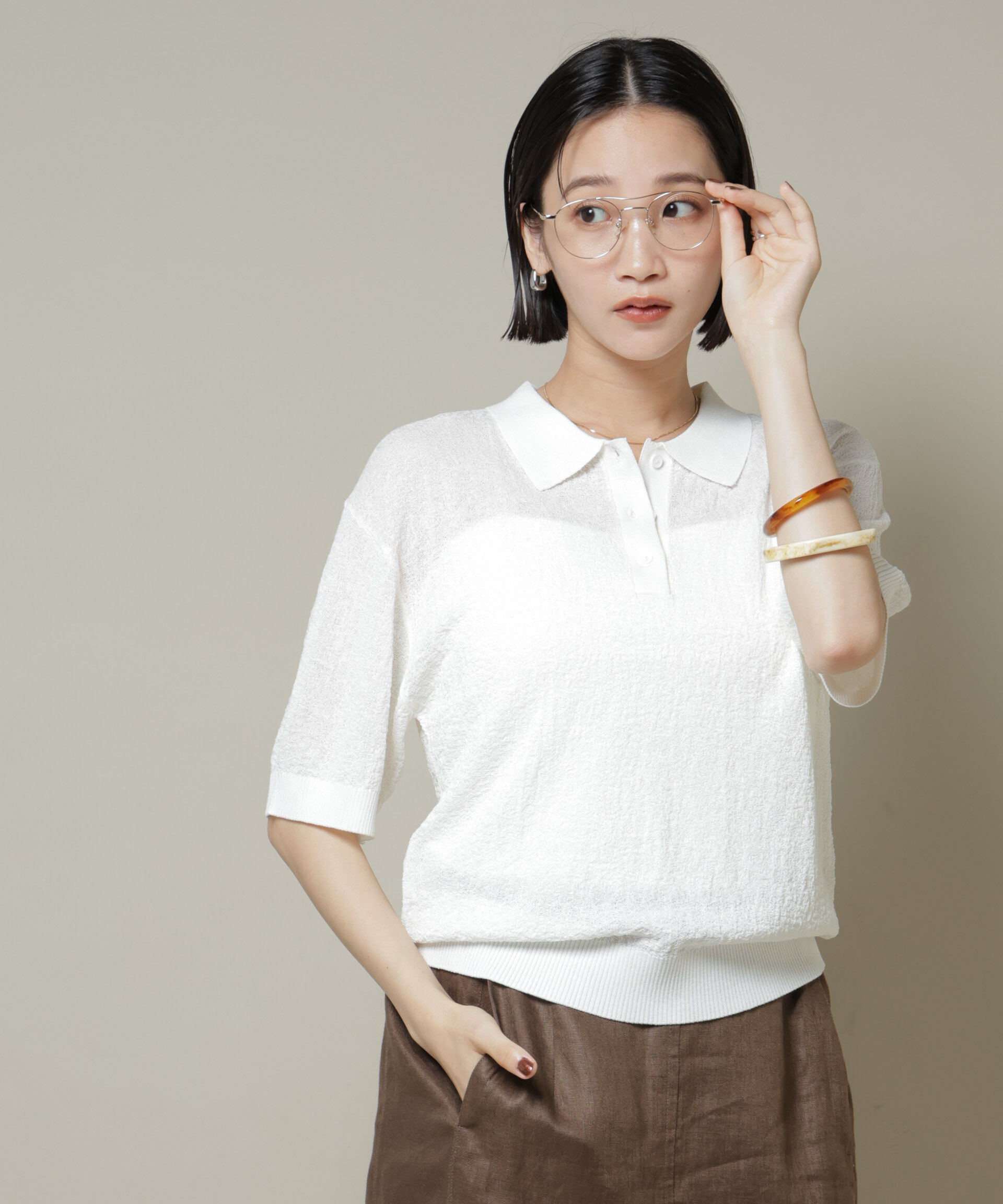 nano･universe「梨地半袖ポロニット」|ニット・セーター|