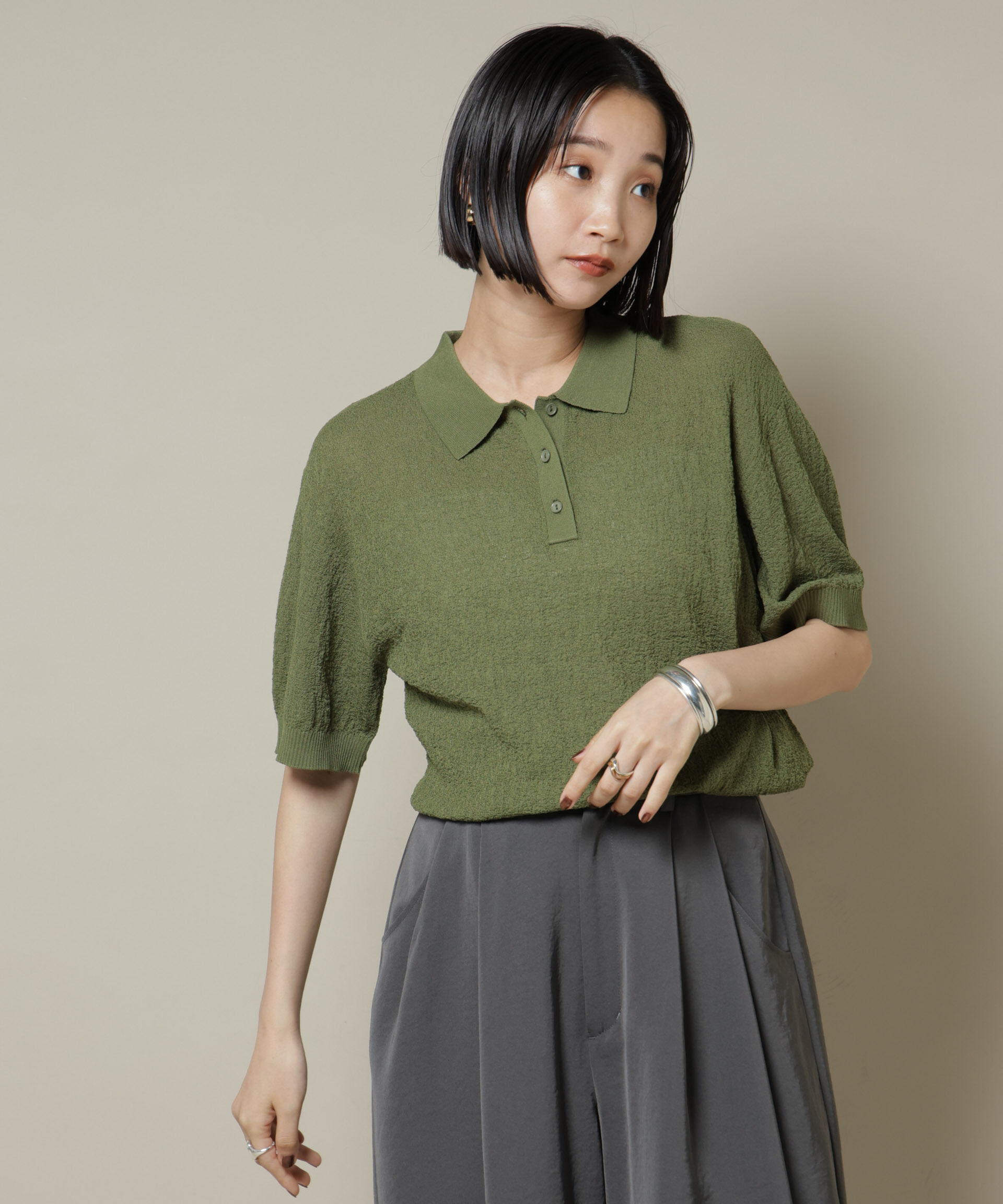 nano･universe「梨地半袖ポロニット」|ニット・セーター|