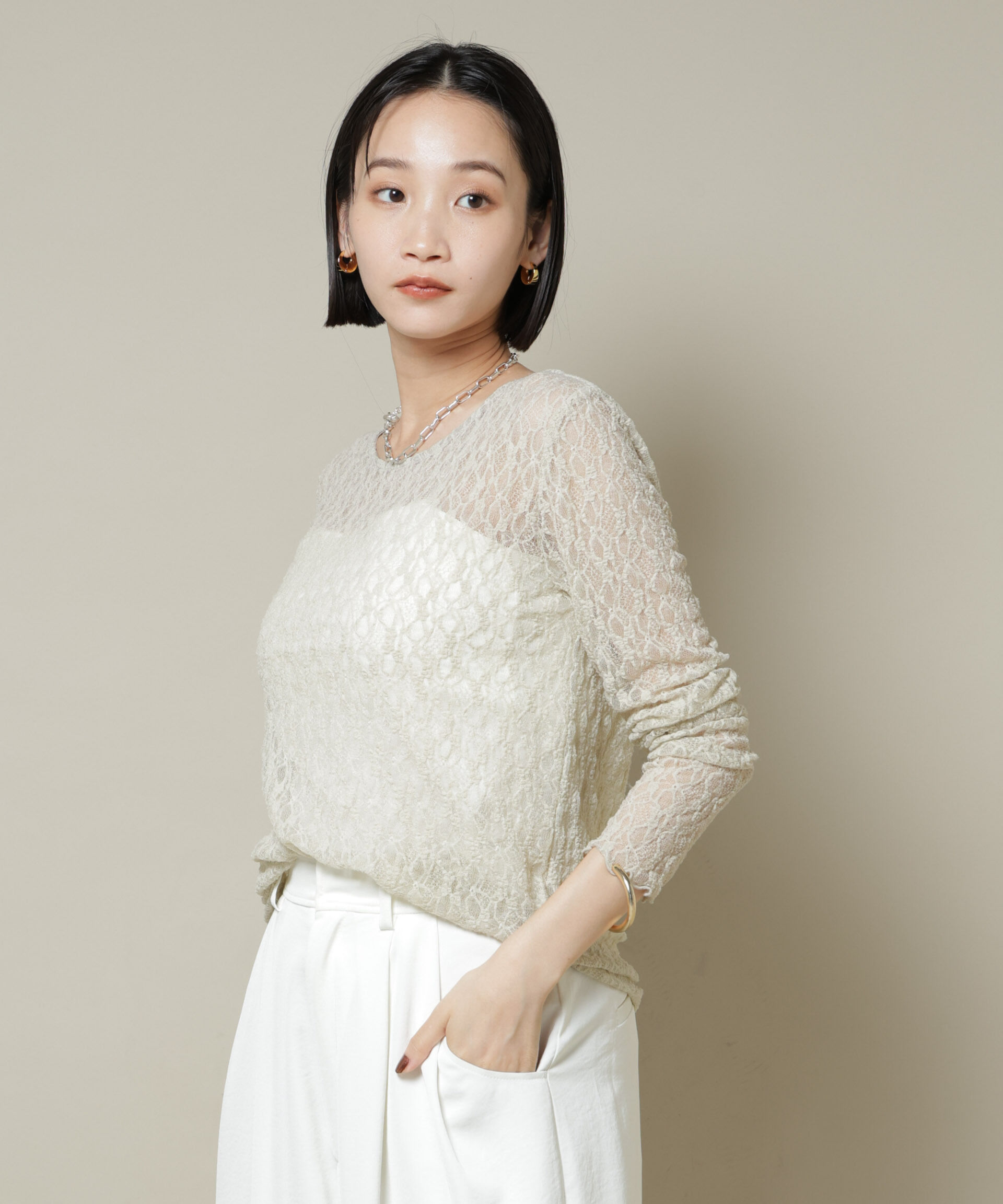 nano･universe「シアーレースロングスリーブトップス(セットアップ可)」|Tシャツ・カットソー|