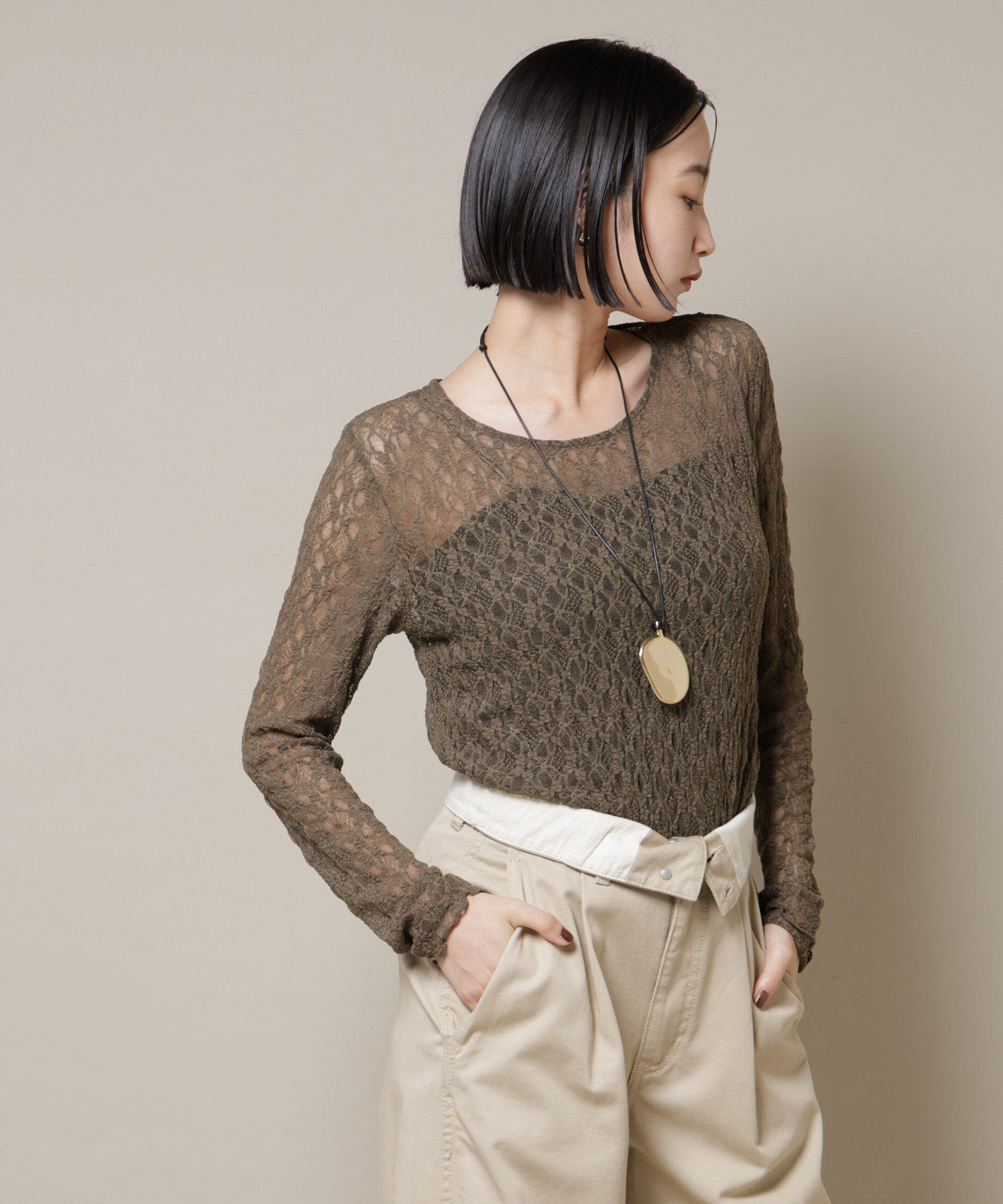 nano･universe「シアーレースロングスリーブトップス(セットアップ可)」|Tシャツ・カットソー|ブラウン