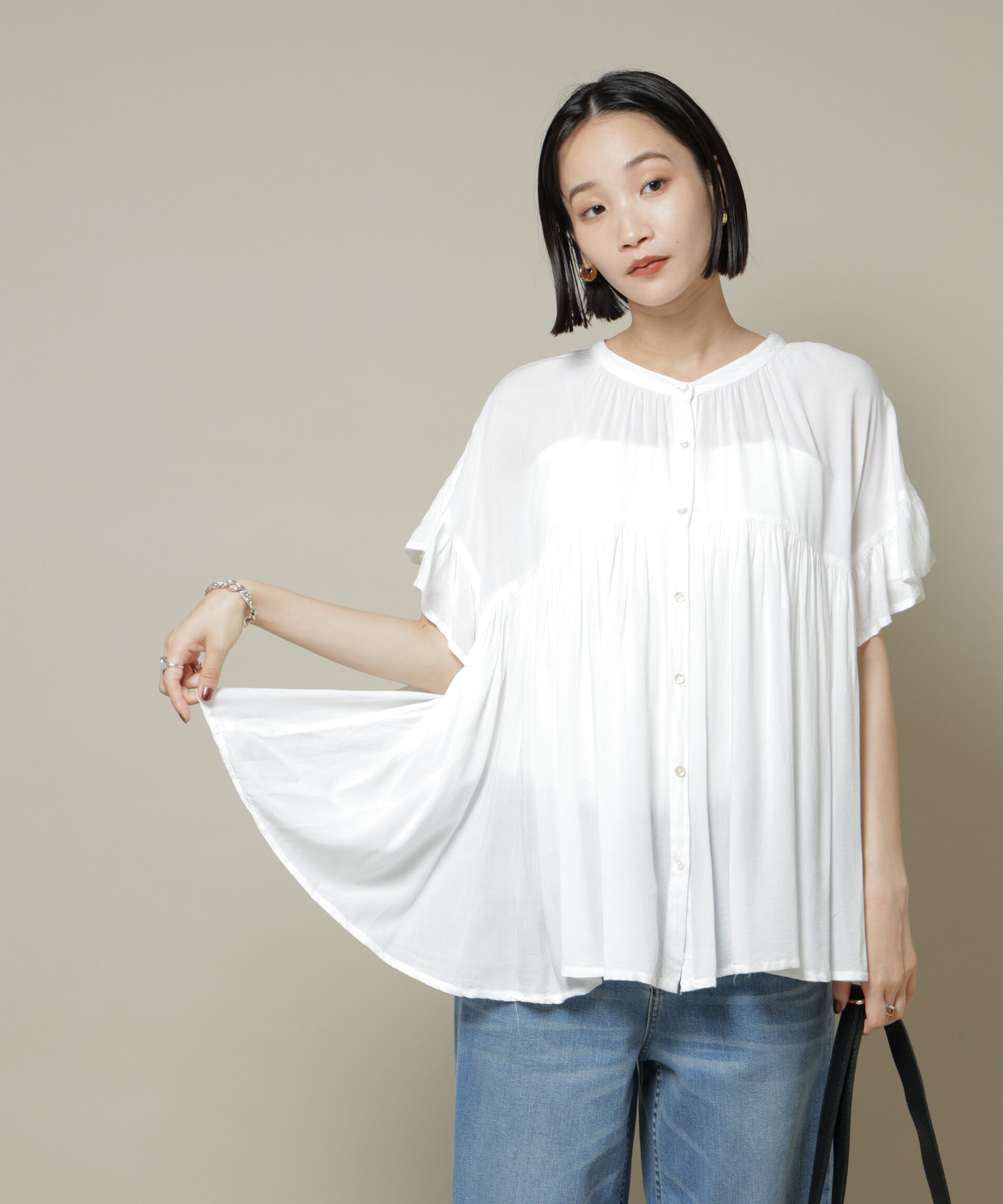 nano･universe「made in INDIA フリルスリーブギャザーブラウス(セットアップ可)」|シャツ・ブラウス|