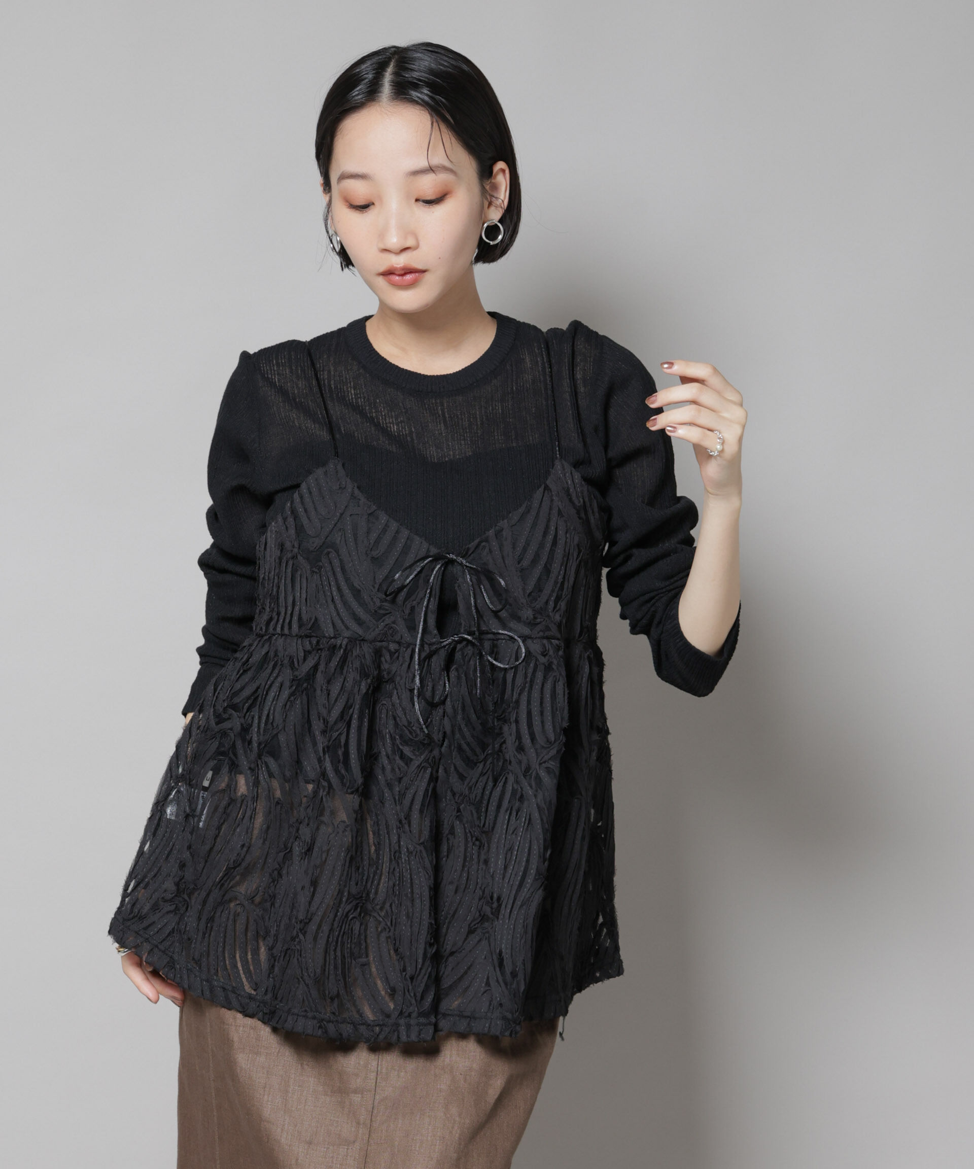 nano･universe「テープ刺繍チュール前後2wayキャミソールビスチェ(セットアップ可)」|シャツ・ブラウス|