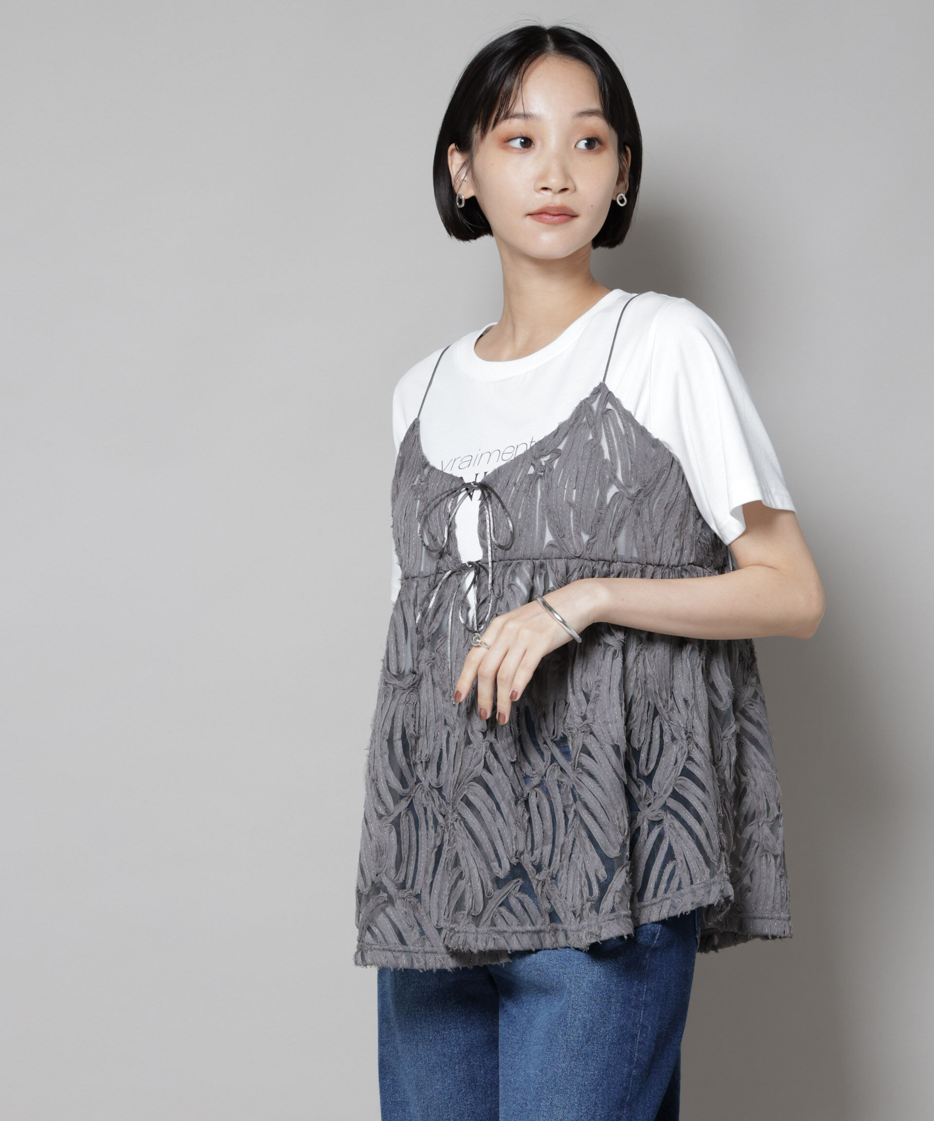 nano･universe「テープ刺繍チュール前後2wayキャミソールビスチェ(セットアップ可)」|シャツ・ブラウス|