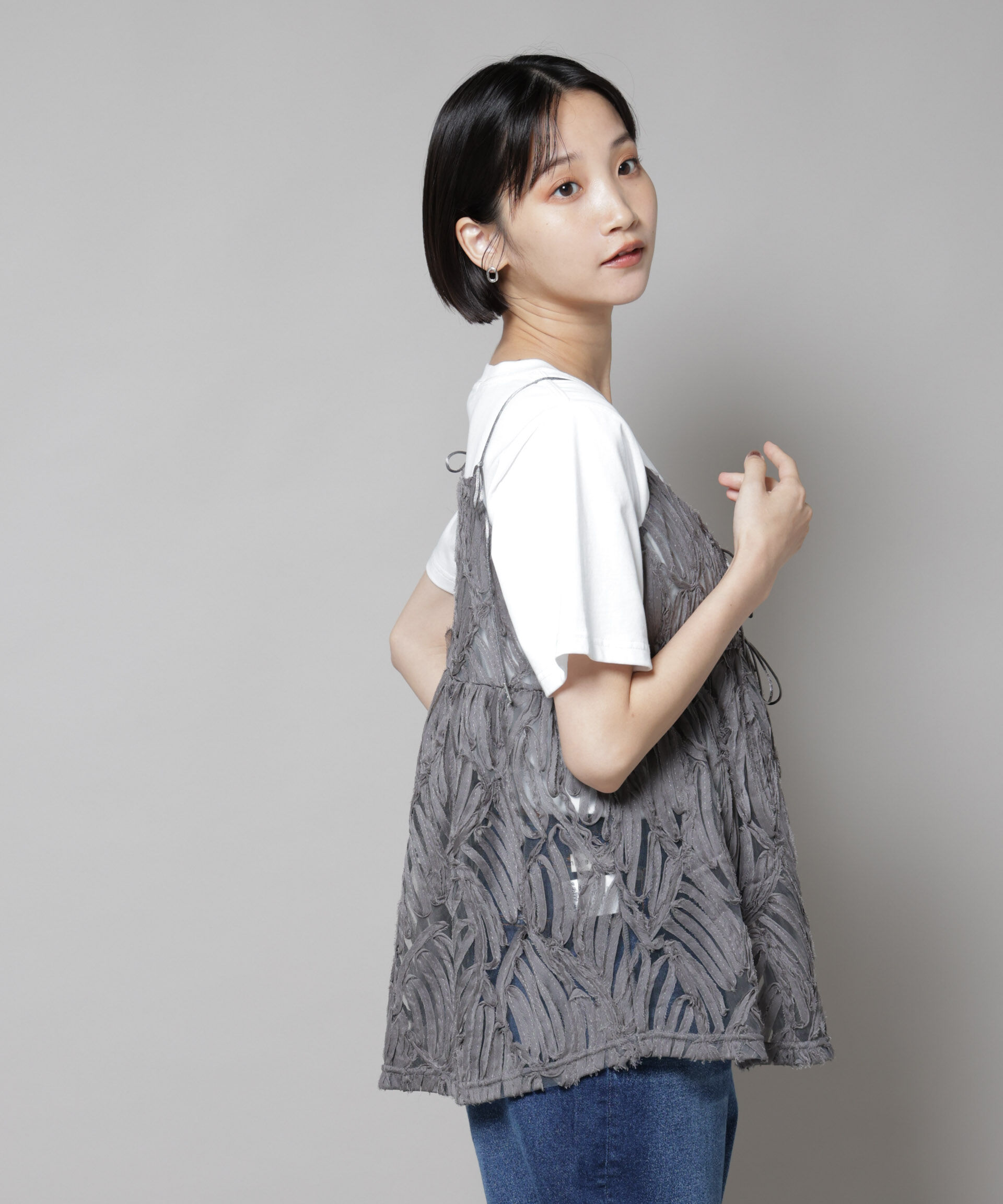 nano･universe「テープ刺繍チュール前後2wayキャミソールビスチェ(セットアップ可)」|シャツ・ブラウス|