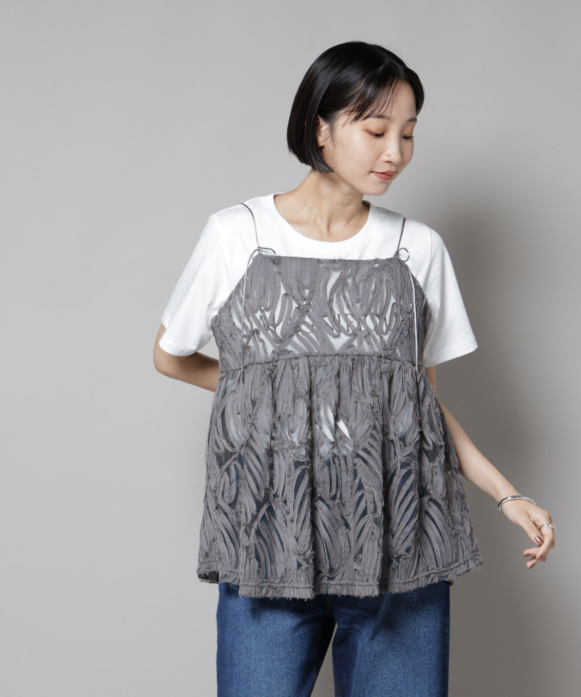 nano･universe「テープ刺繍チュール前後2wayキャミソールビスチェ(セットアップ可)」|シャツ・ブラウス|