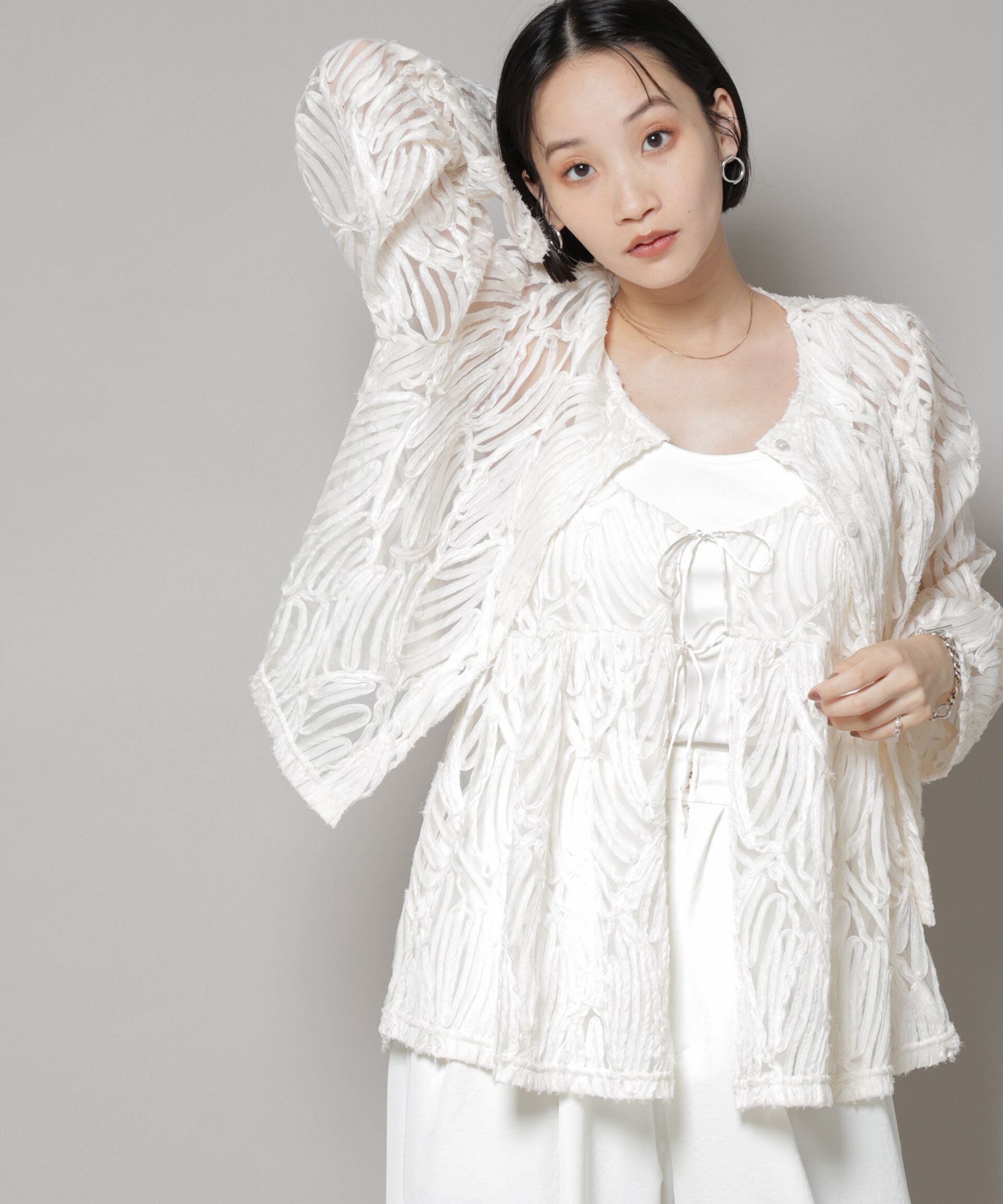 nano･universe「テープ刺繍チュール前後2wayキャミソールビスチェ(セットアップ可)」|シャツ・ブラウス|