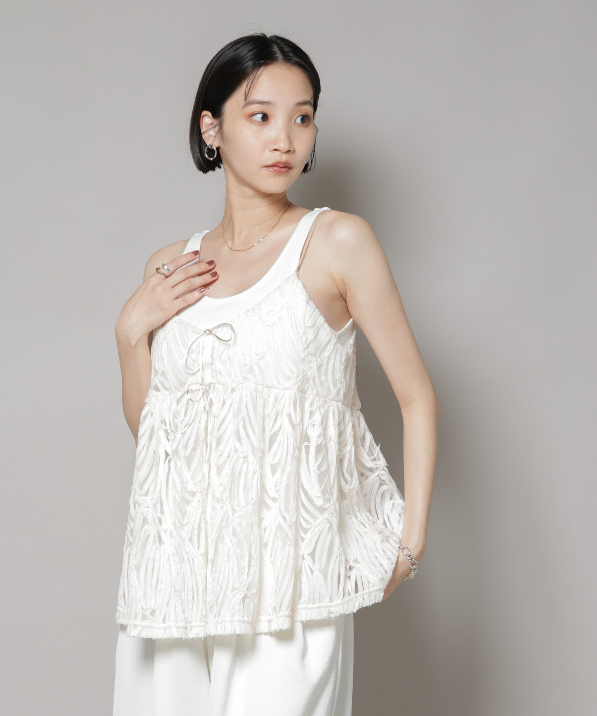 nano･universe「テープ刺繍チュール前後2wayキャミソールビスチェ(セットアップ可)」|シャツ・ブラウス|