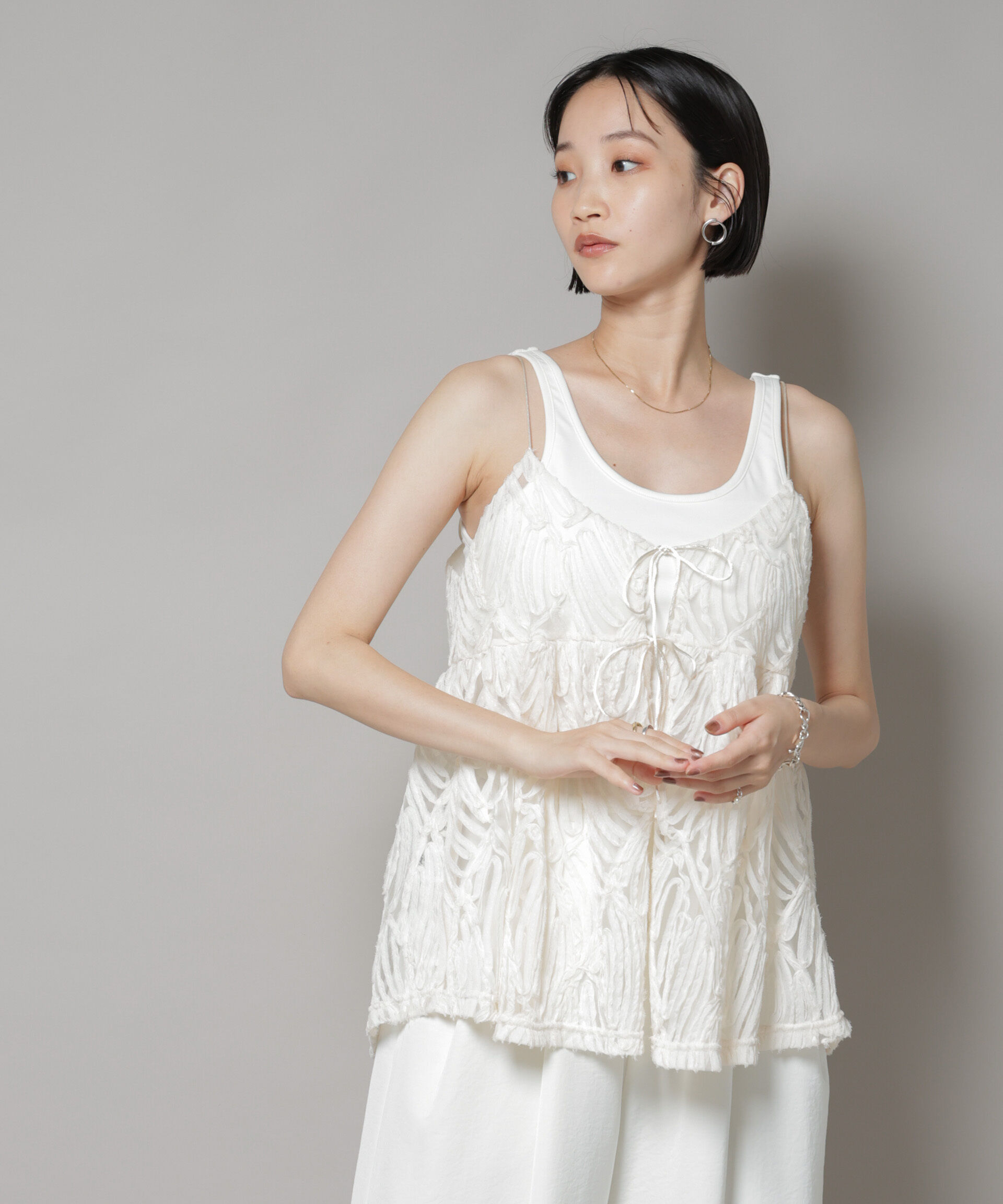 nano･universe「テープ刺繍チュール前後2wayキャミソールビスチェ(セットアップ可)」|シャツ・ブラウス|