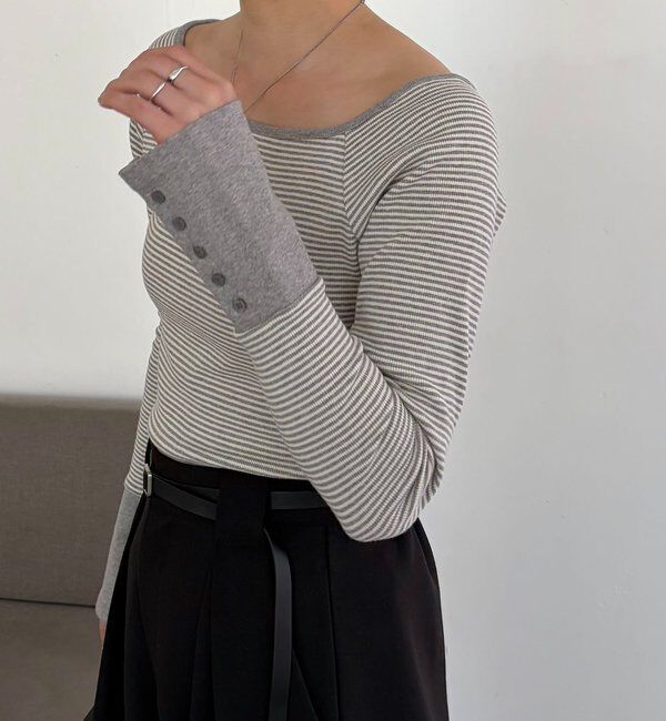  「ボーダー袖ボタンロンT」|Tシャツ・カットソー|