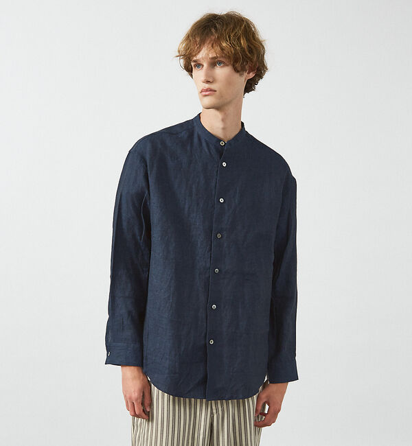 ABAHOUSE「【LUXE Linen Solaro】バンドカラー リネンシャツ」|シャツ・ブラウス|ネイビー