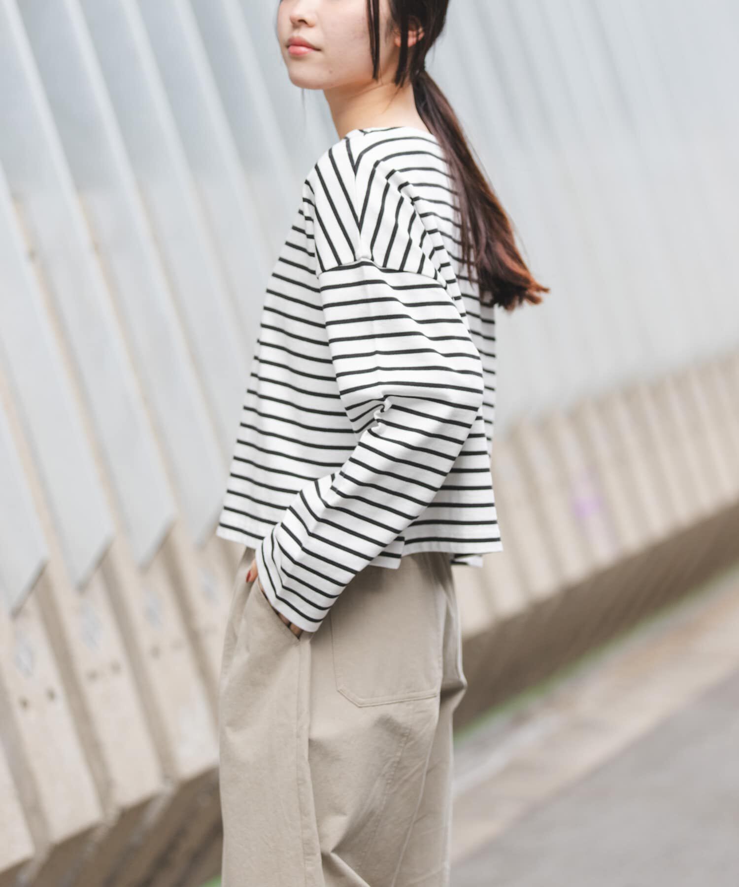 URBAN RESEARCH DOORS「FORK&SPOON　クロップドボートネックボーダー」|Tシャツ・カットソー|