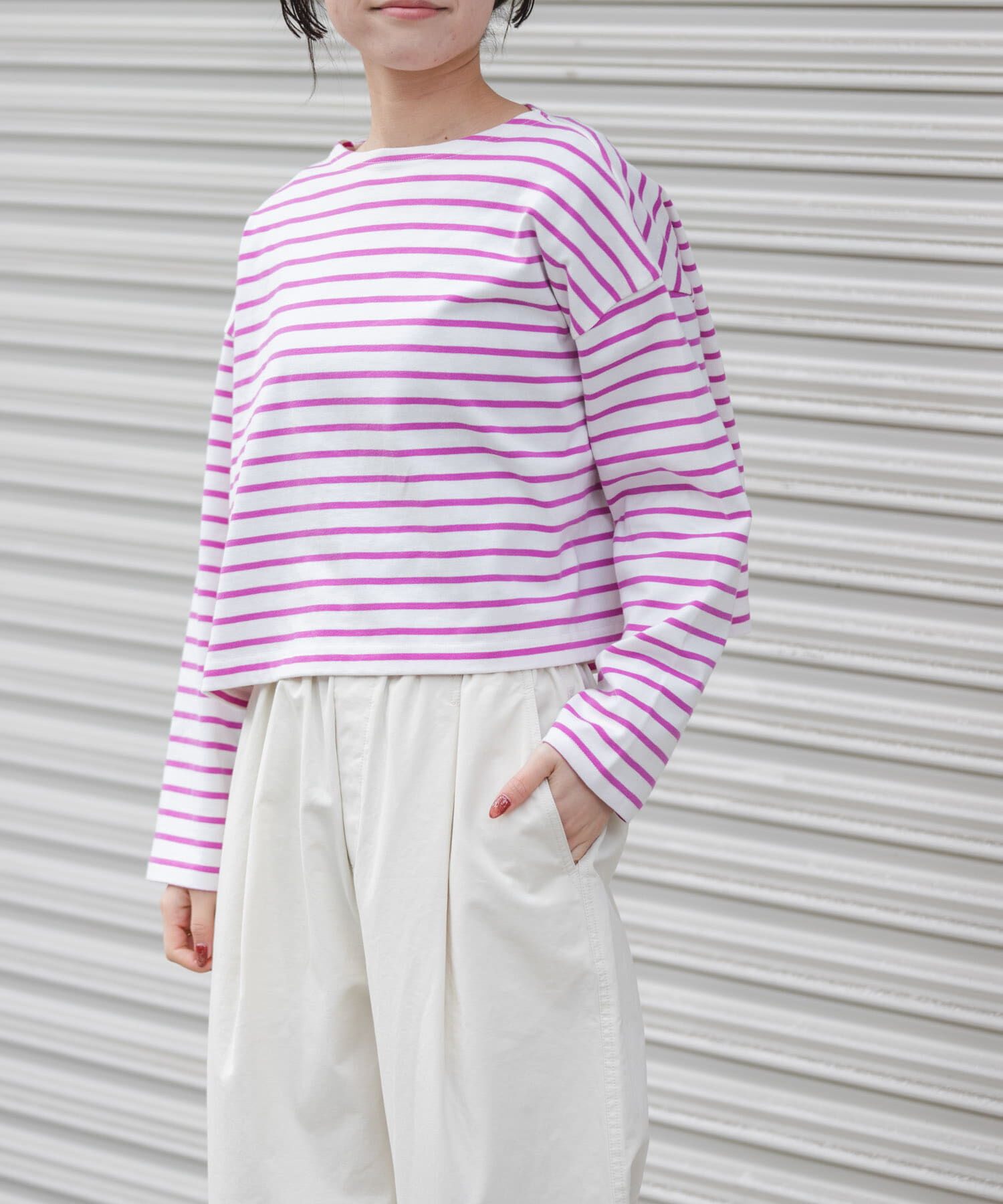 URBAN RESEARCH DOORS「FORK&SPOON　クロップドボートネックボーダー」|Tシャツ・カットソー|