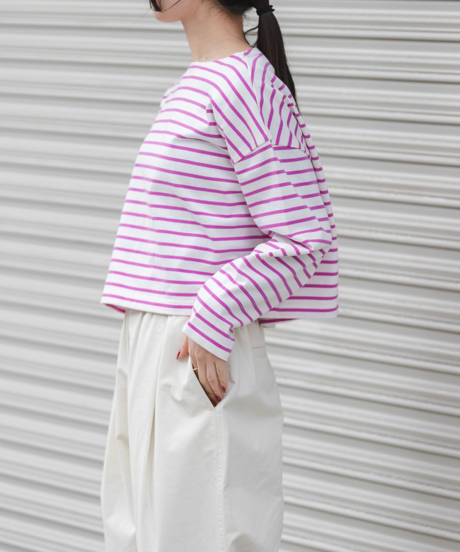 URBAN RESEARCH DOORS「FORK&SPOON　クロップドボートネックボーダー」|Tシャツ・カットソー|