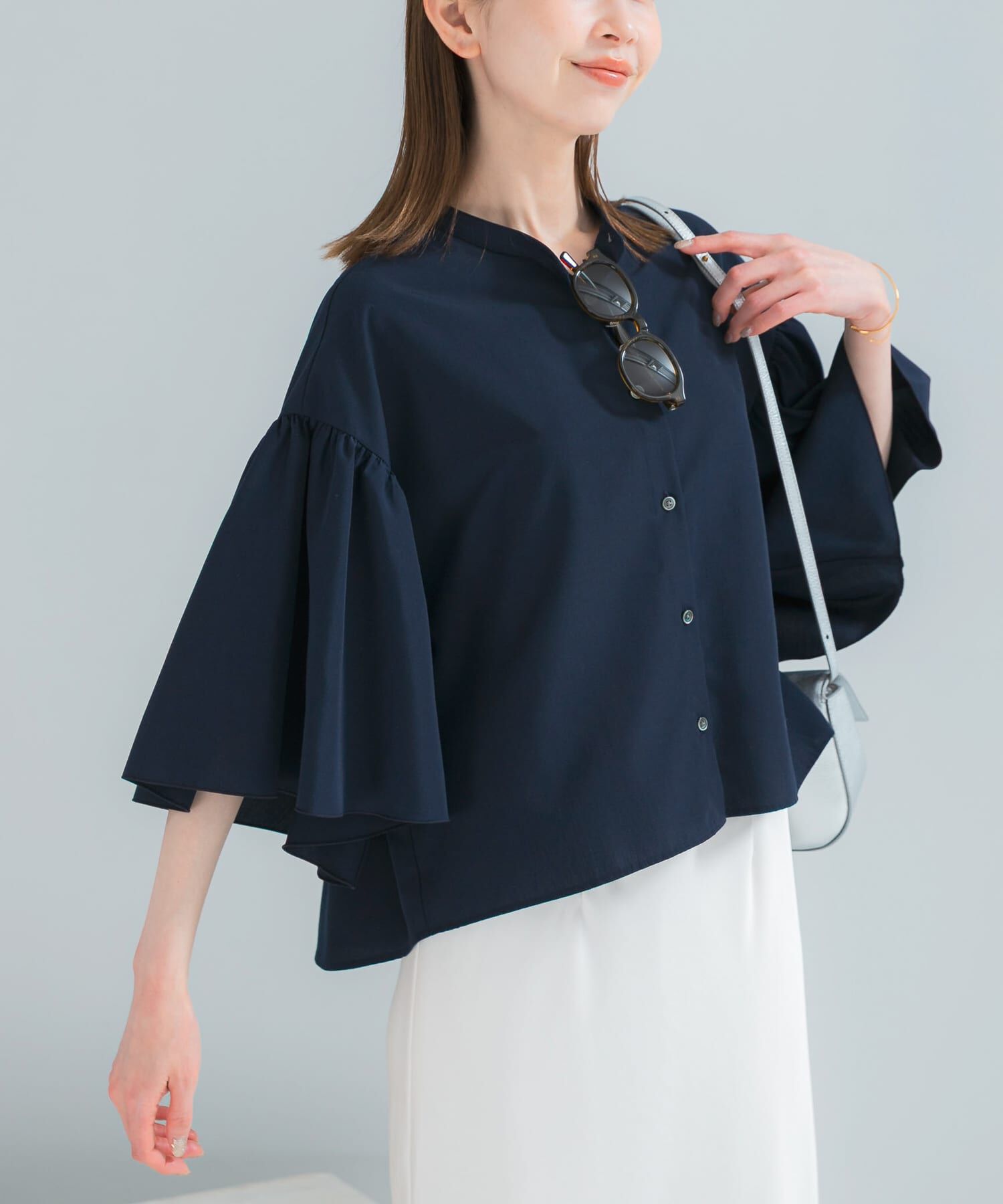 URBAN RESEARCH ROSSO「UVカットウォッシャブルリネン混ブラウス」|シャツ・ブラウス|ネイビー