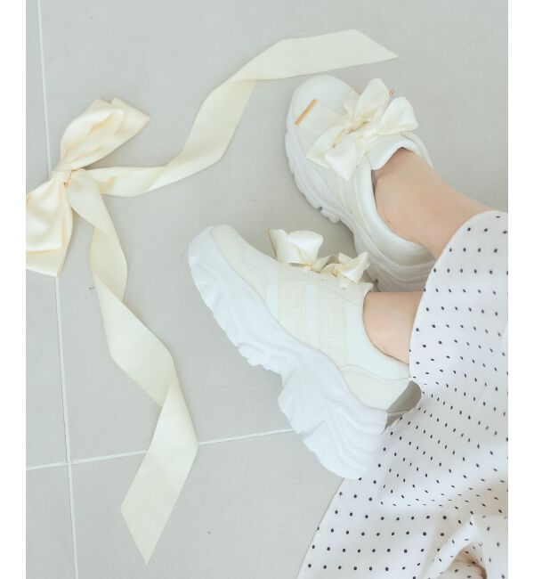  「ダブルリボン厚底スニーカー」|スニーカー|アイボリー