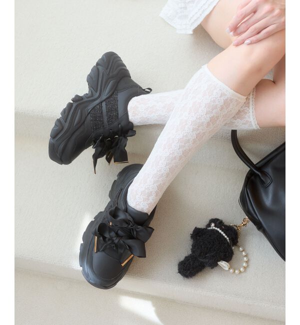  「ダブルリボン厚底スニーカー」|スニーカー|ブラック