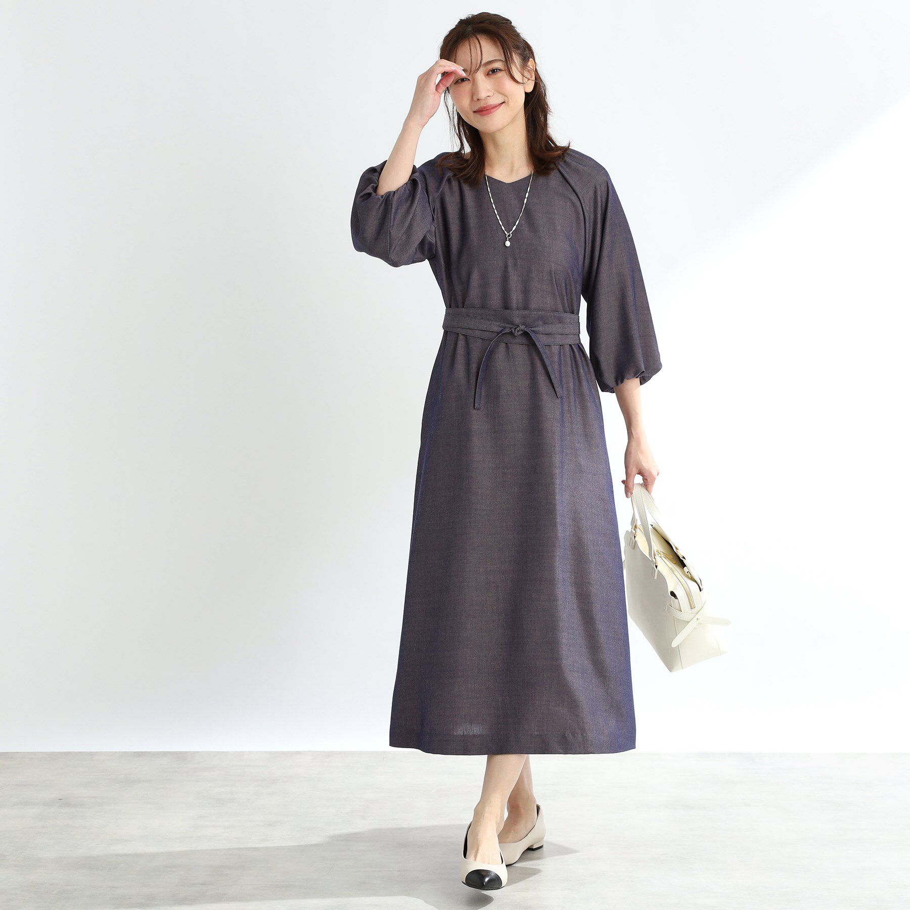 Reflect「【手洗い可／共布ベルト付き】ブルーダンガリーワンピース」|ワンピース|