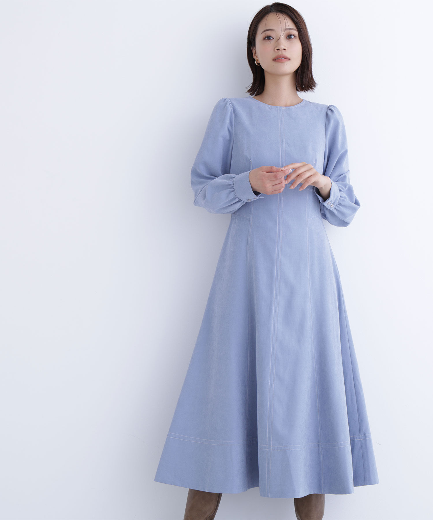  「バイカラーステッチワンピース」|ワンピース|ブルー&times;オフ2