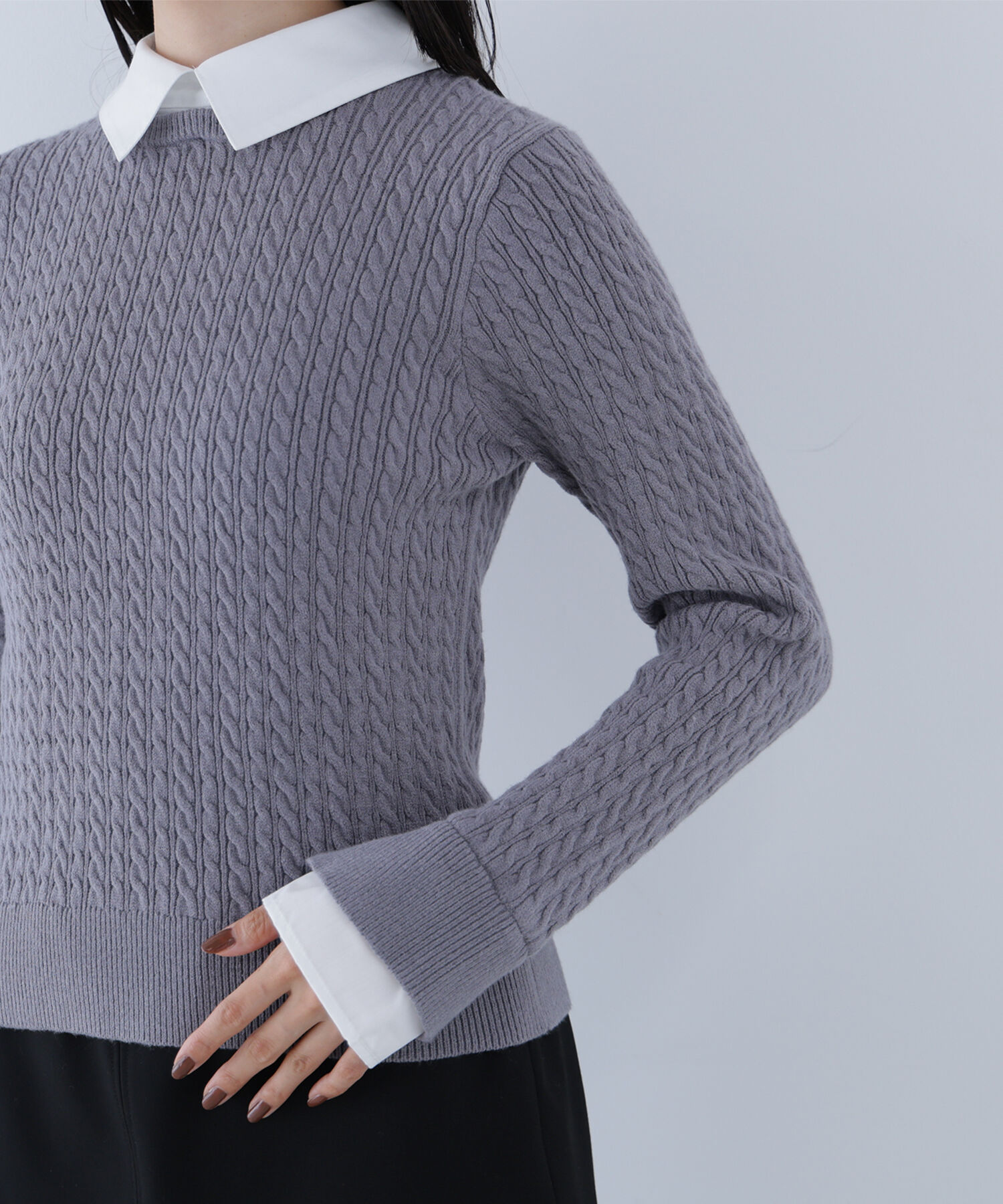  「シャツカラードッキングケーブルニット」|ニット・セーター|