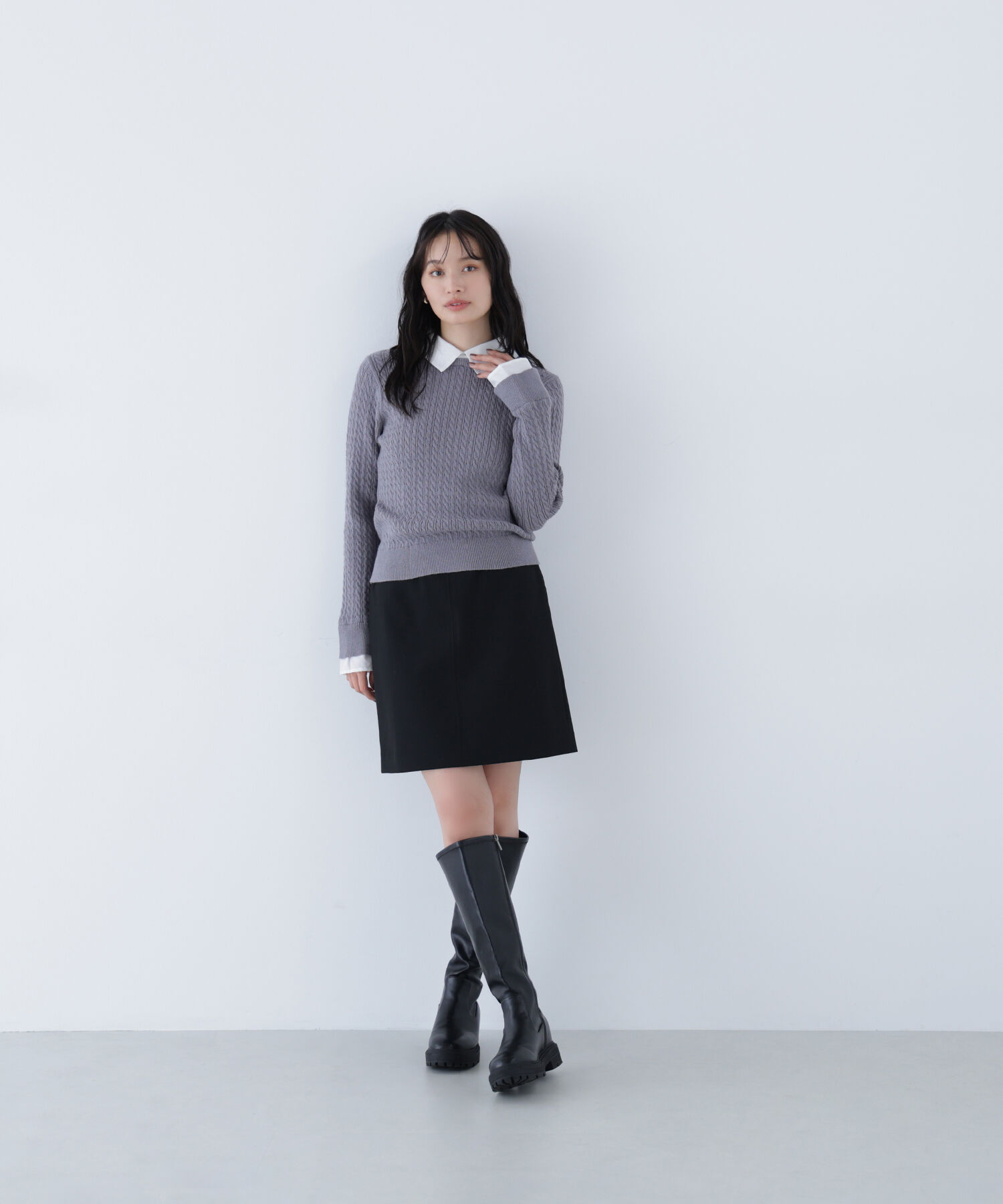  「シャツカラードッキングケーブルニット」|ニット・セーター|