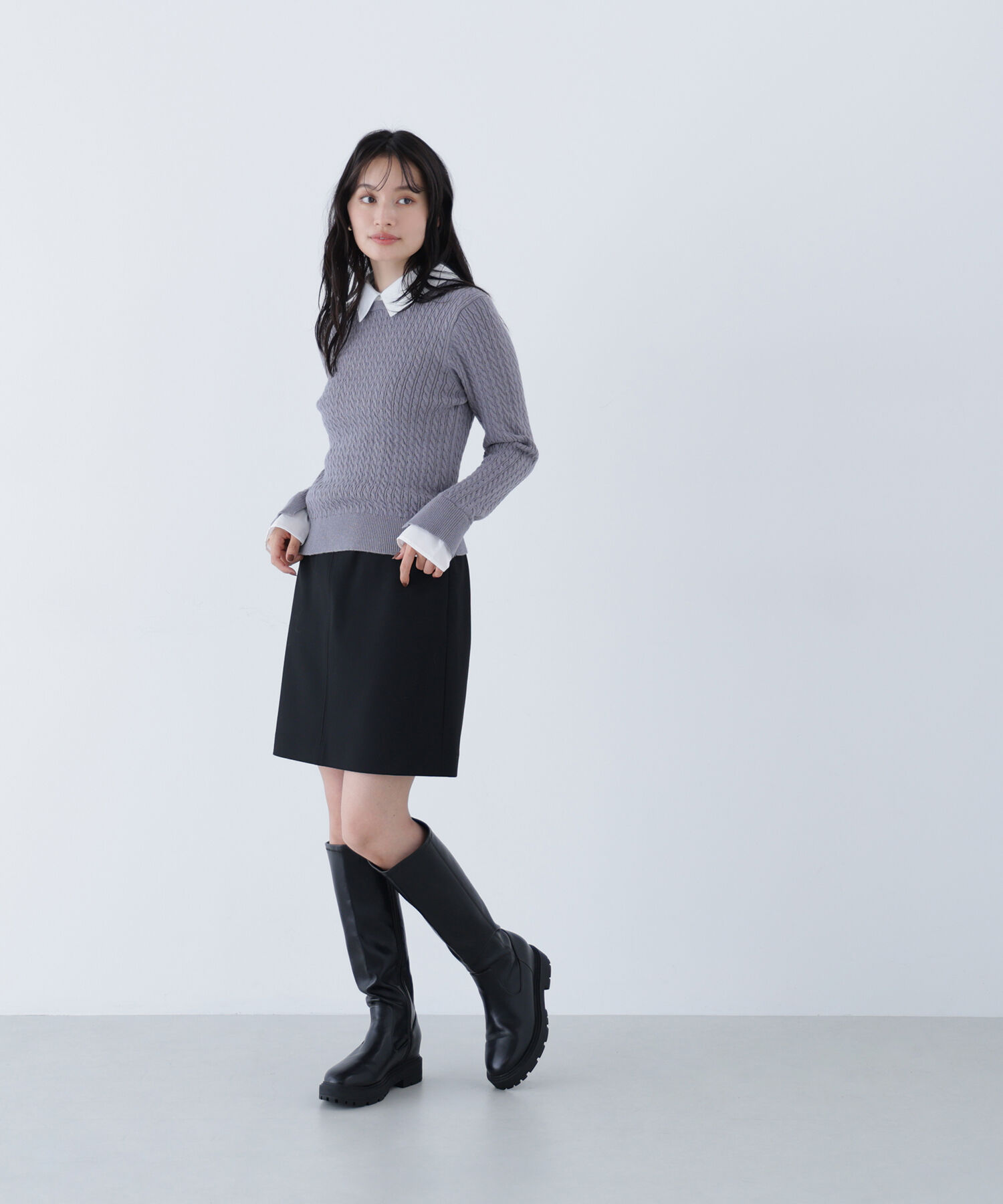  「シャツカラードッキングケーブルニット」|ニット・セーター|