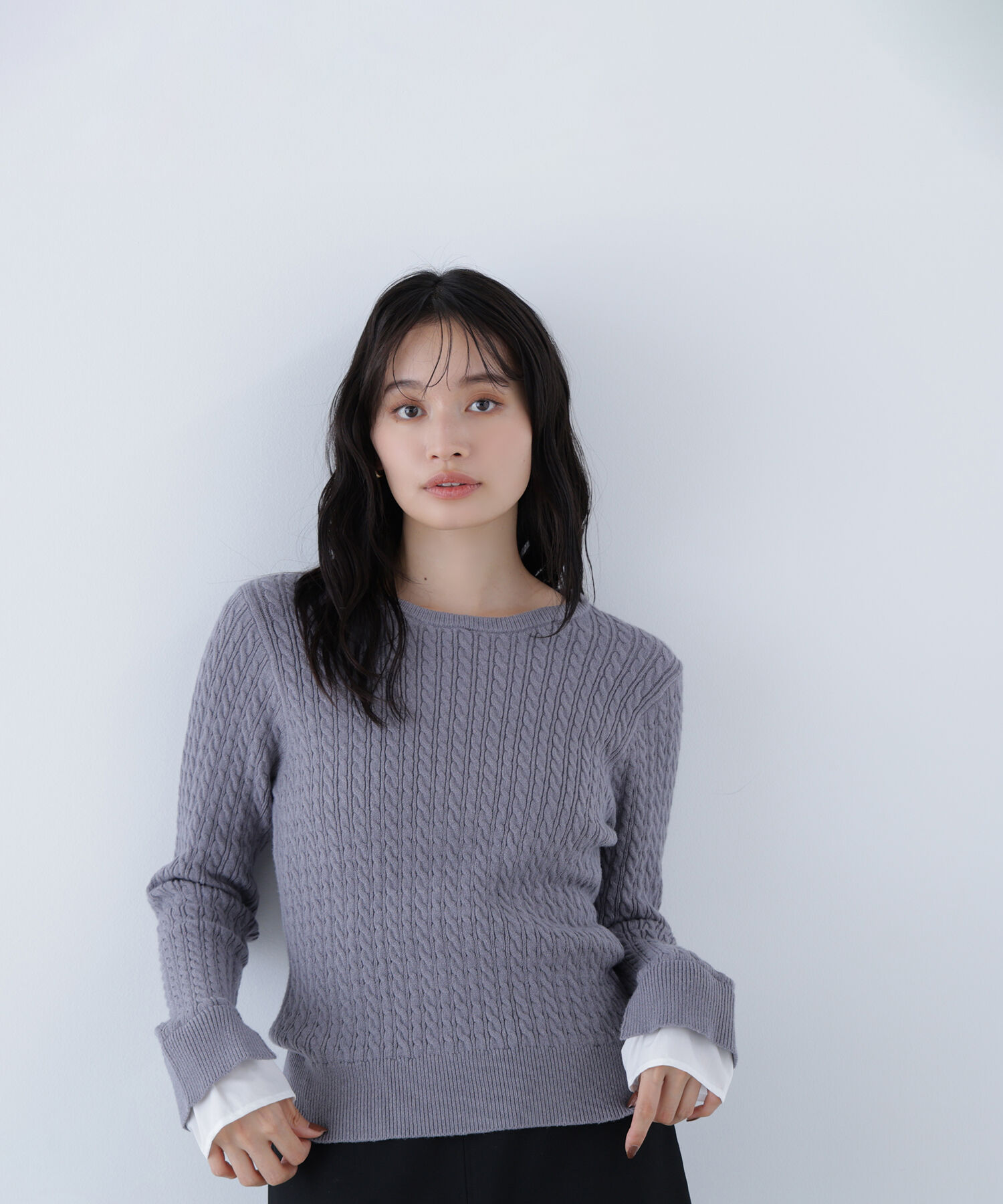  「シャツカラードッキングケーブルニット」|ニット・セーター|