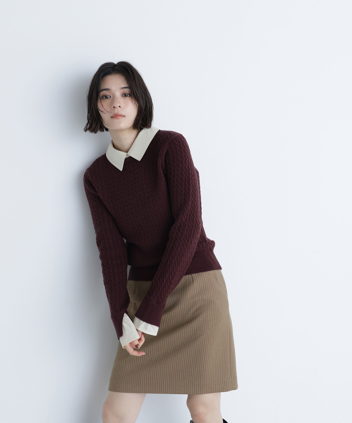  「シャツカラードッキングケーブルニット」|ニット・セーター|