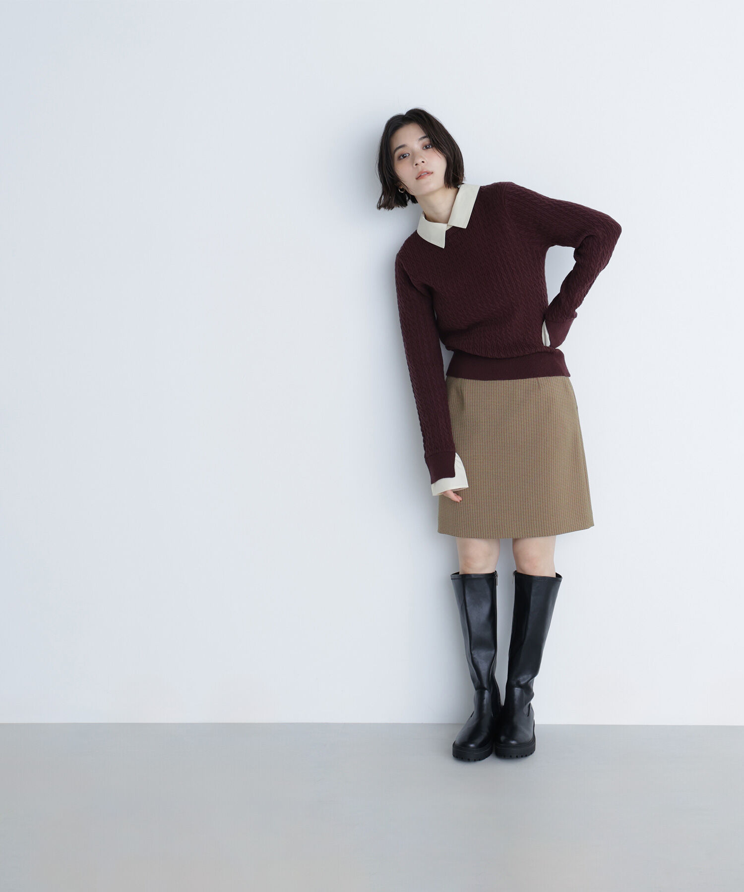  「シャツカラードッキングケーブルニット」|ニット・セーター|