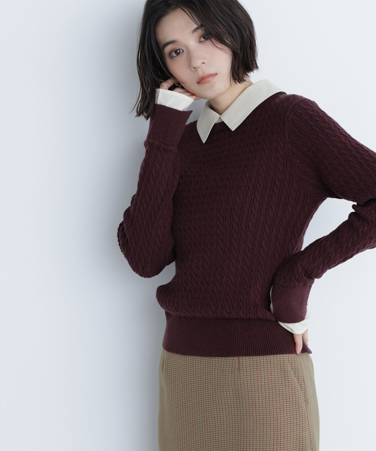  「シャツカラードッキングケーブルニット」|ニット・セーター|