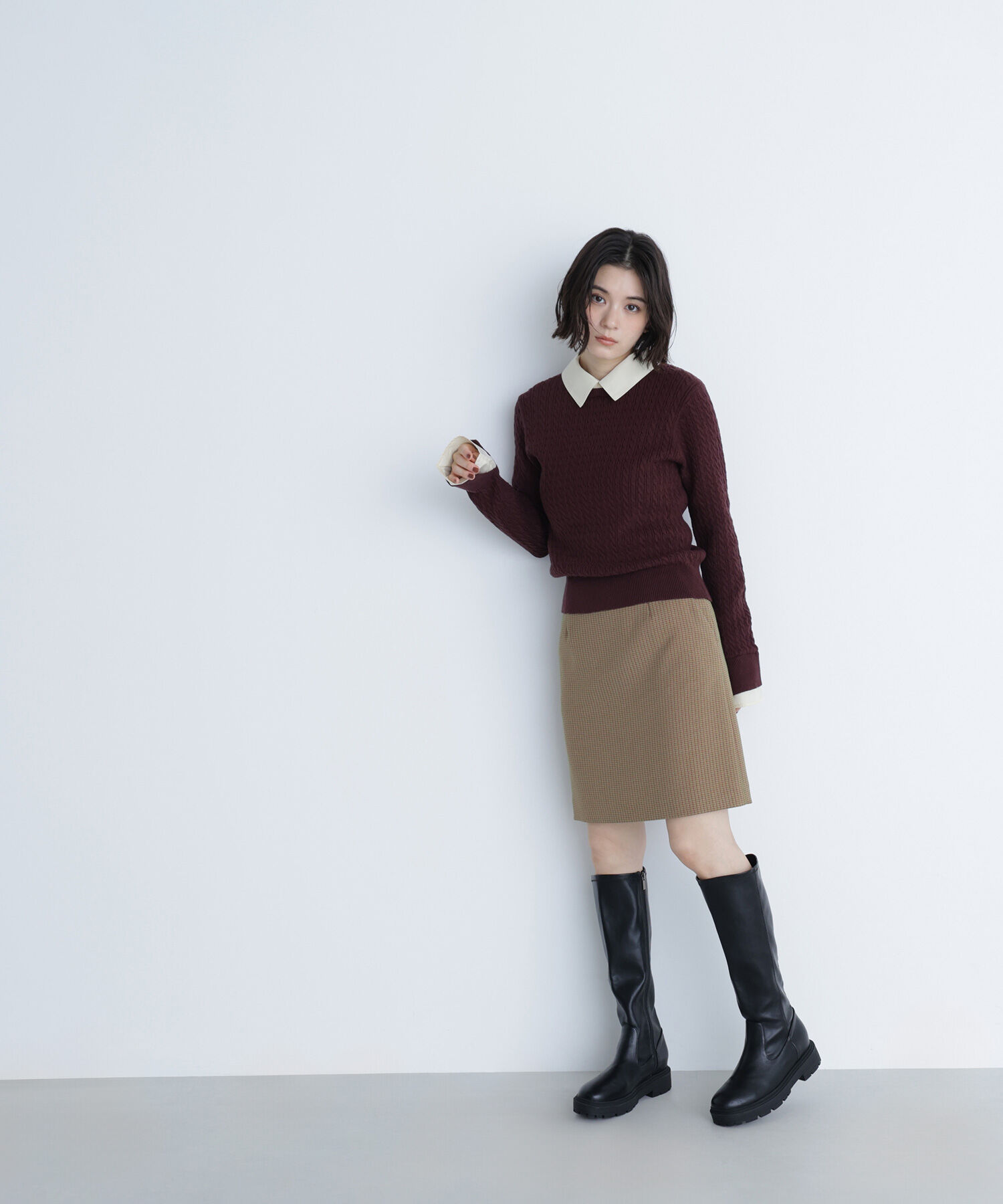  「シャツカラードッキングケーブルニット」|ニット・セーター|