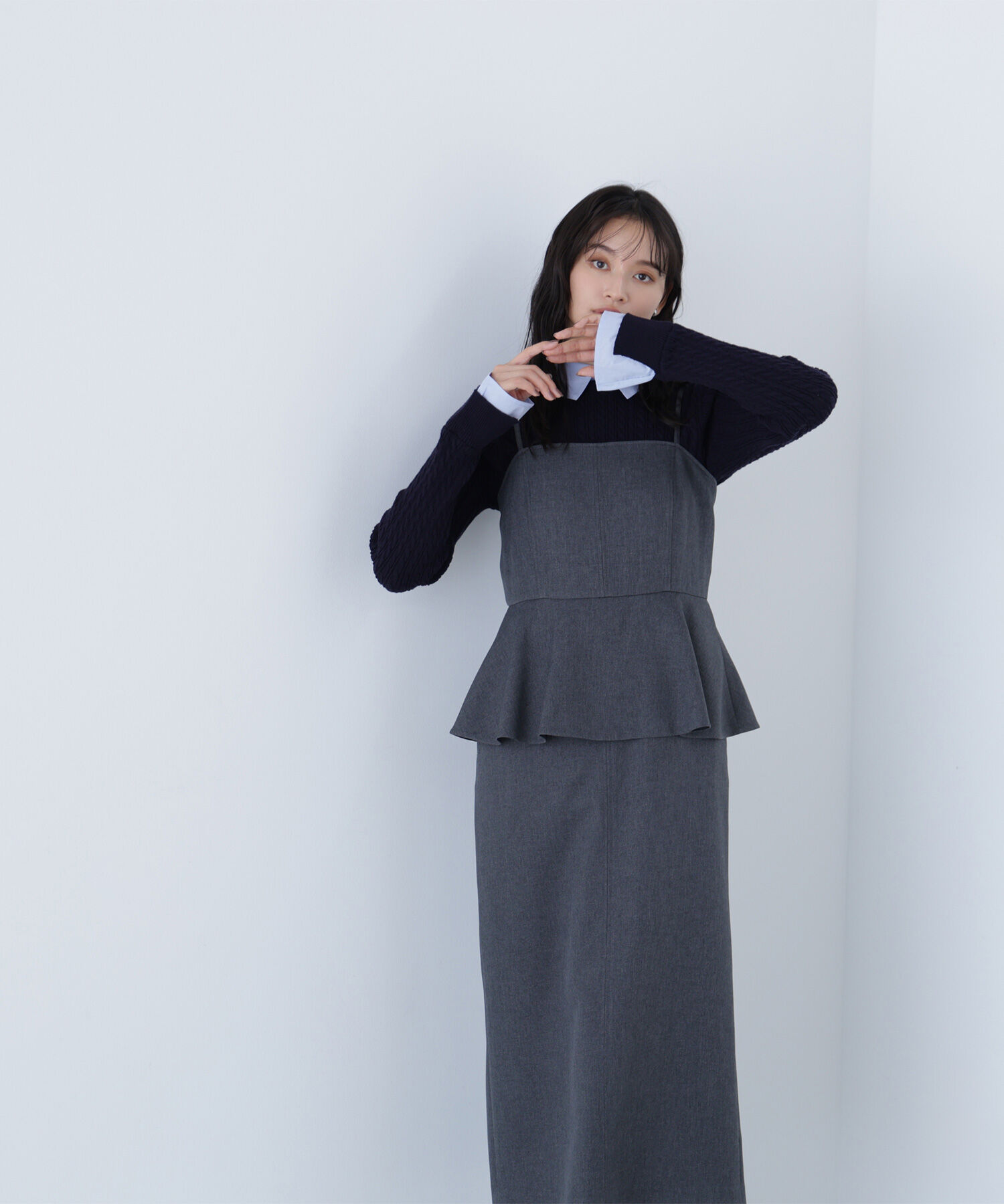  「シャツカラードッキングケーブルニット」|ニット・セーター|