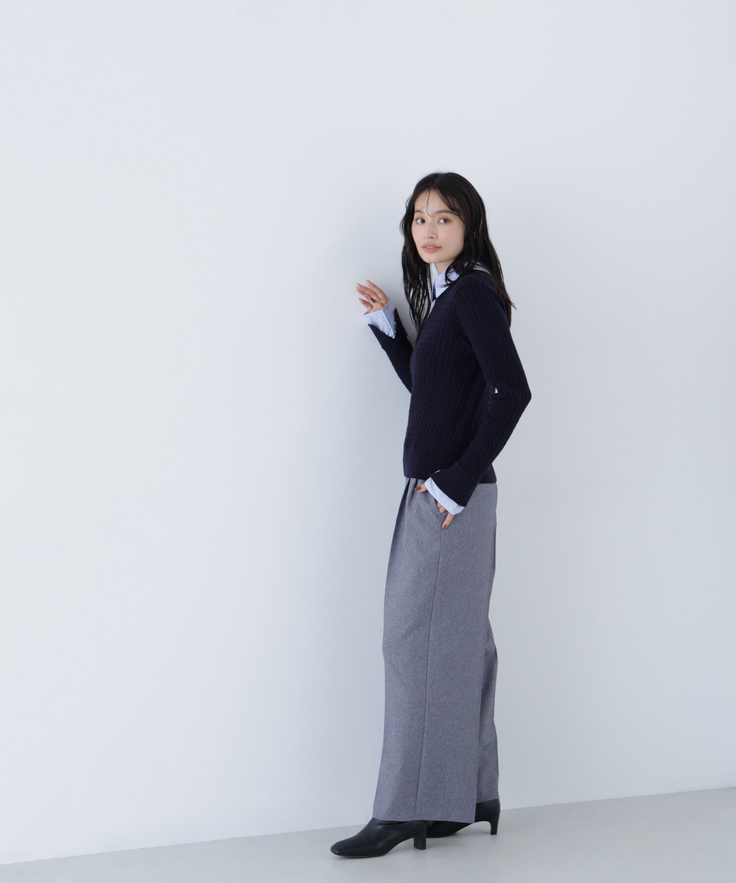  「シャツカラードッキングケーブルニット」|ニット・セーター|