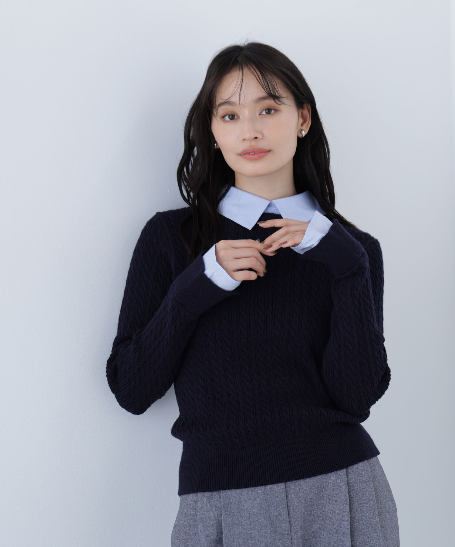  「シャツカラードッキングケーブルニット」|ニット・セーター|